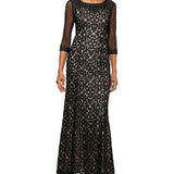 Alex Evenings Women's Scoop Neck 3/4 Sleeve Illusion Embellished Zipper Back Embroidered Mesh Dress Black Size 8 Petite