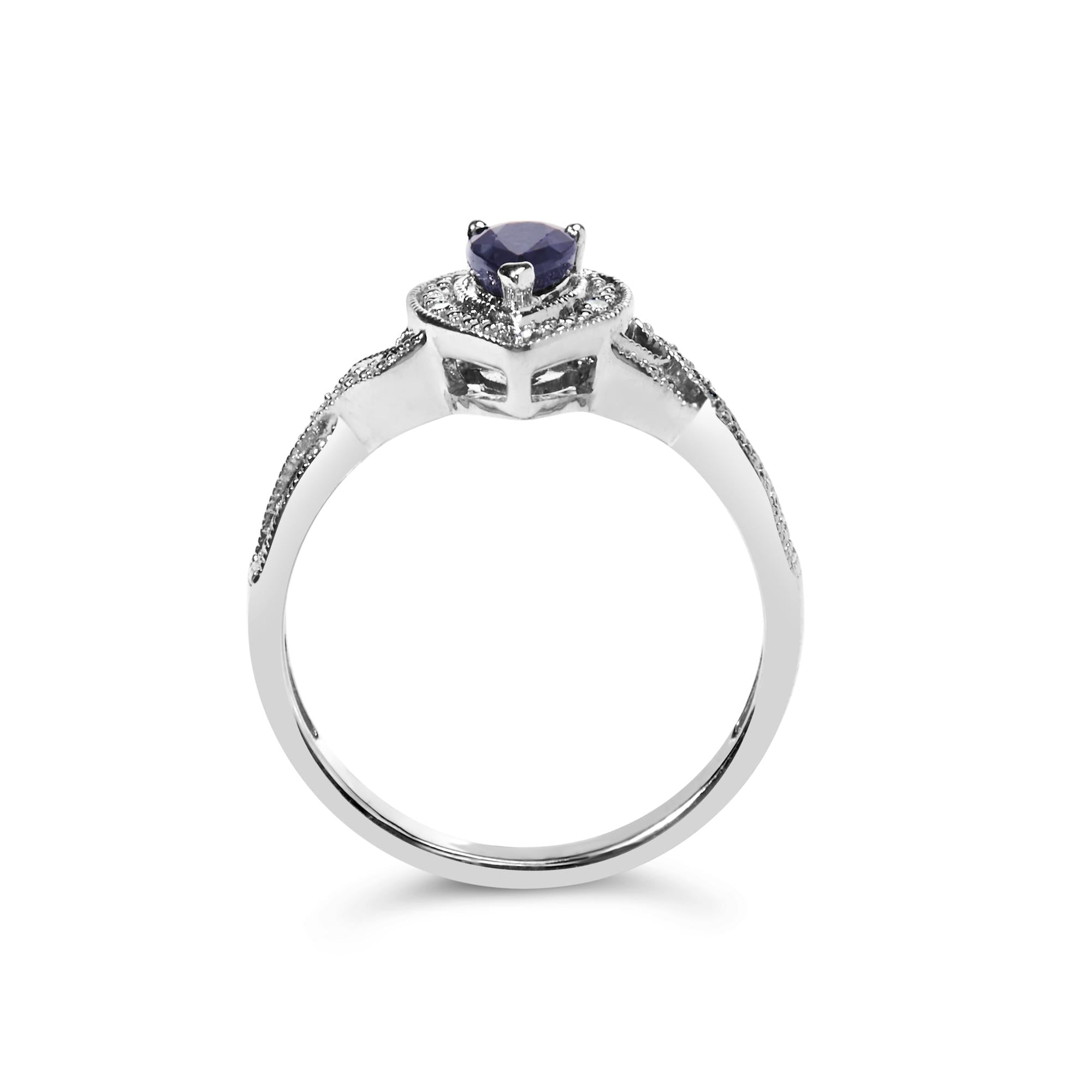 .925 Sterling Silver 6x4mm Pear Sapphire Gemstone With Diamond Accent Fashion Halo Ring (h-i Color, Si1-si2 Clarity)