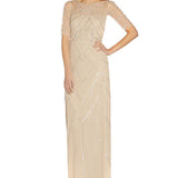 Papell Studio Women's Beaded Elbow-Sleeve Gown Beige Size 8