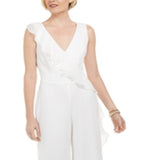 Connected Women's V Neck Sleeveless Ruffled Draped Zipper Back Jumpsuit White Size 8
