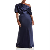 Amsale Women's Navy One-Shoulder Satin Gown Size 14