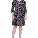 Robbie Bee Women's V Neck 3/4 Sleeve A Line Dress Black Size 2X