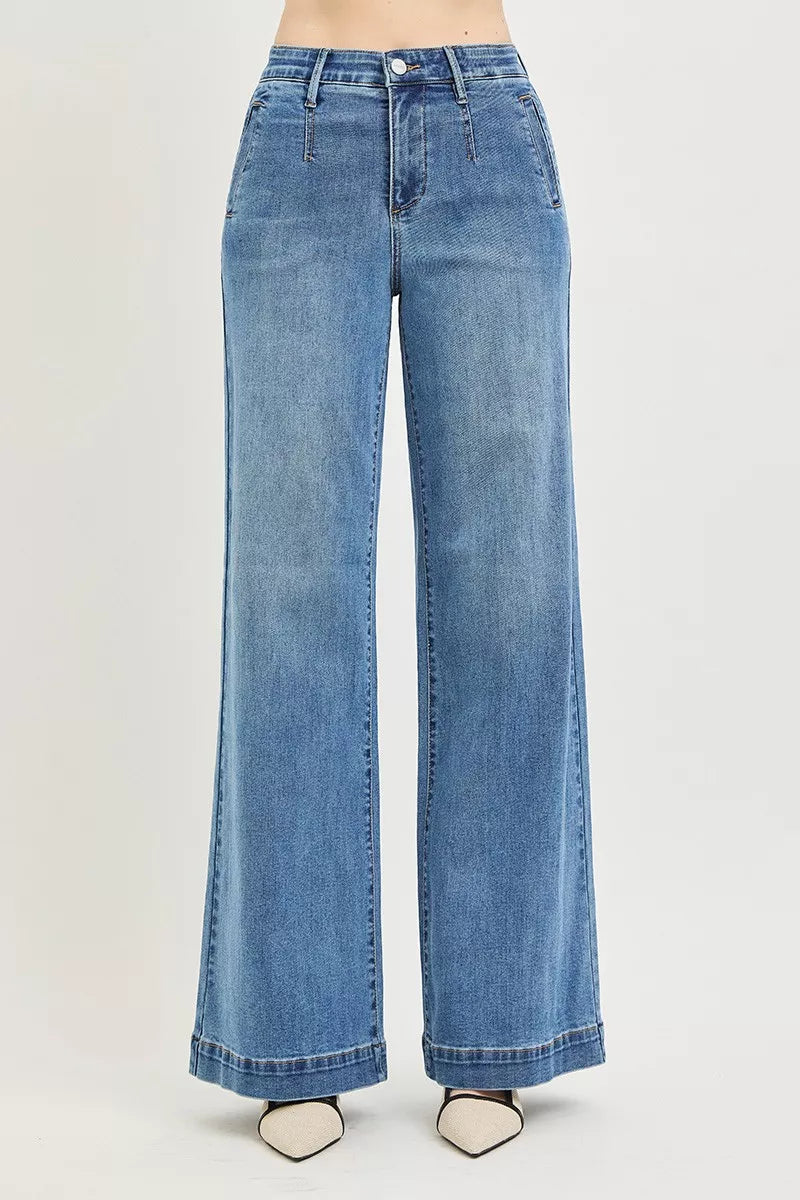 Risen Tummy Control Elastic Band High Rise Wide Jeans