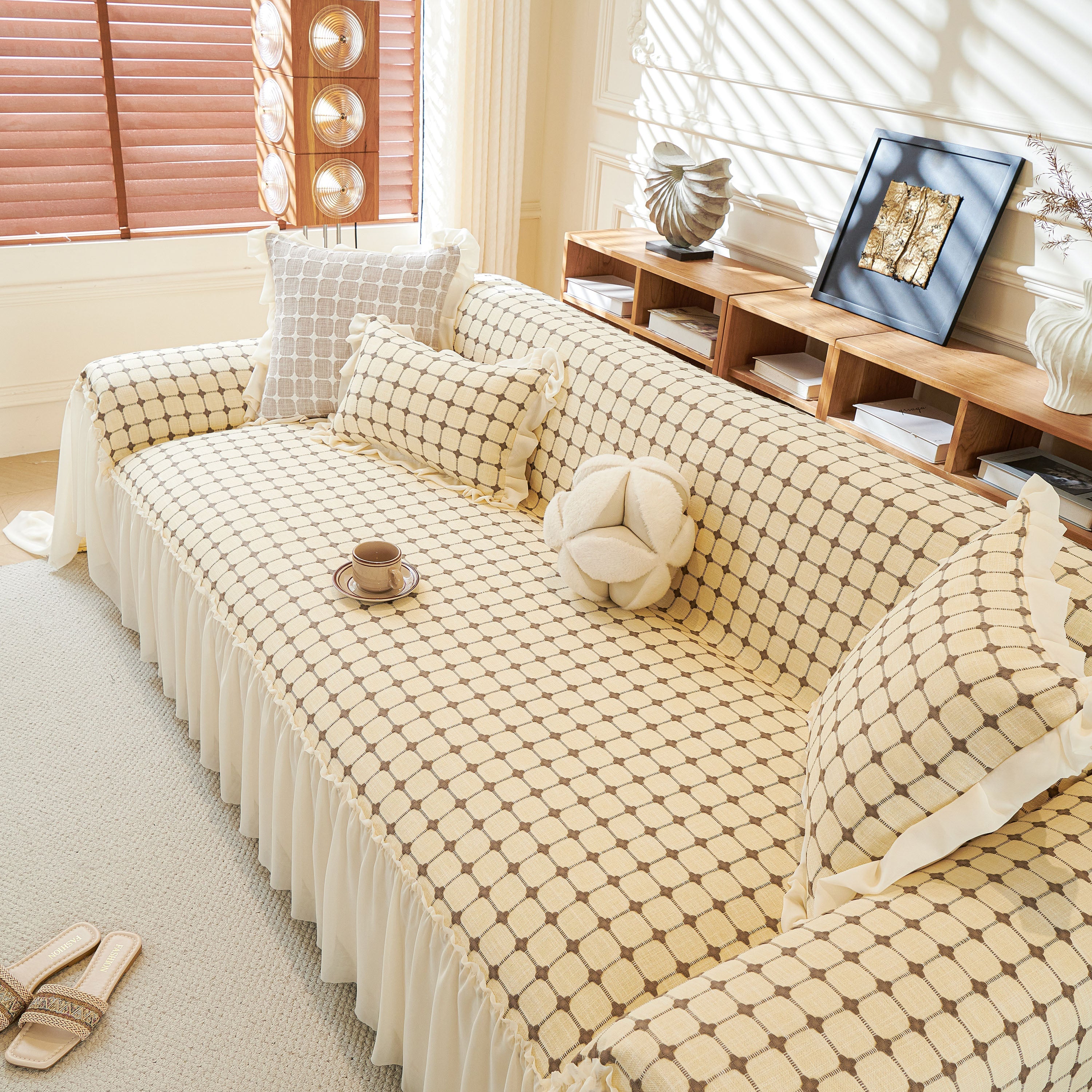 Grid Textured Sofa Cover With Sheer Ruffle Skirt, Pet-friendly Sofa Throw Slipcover