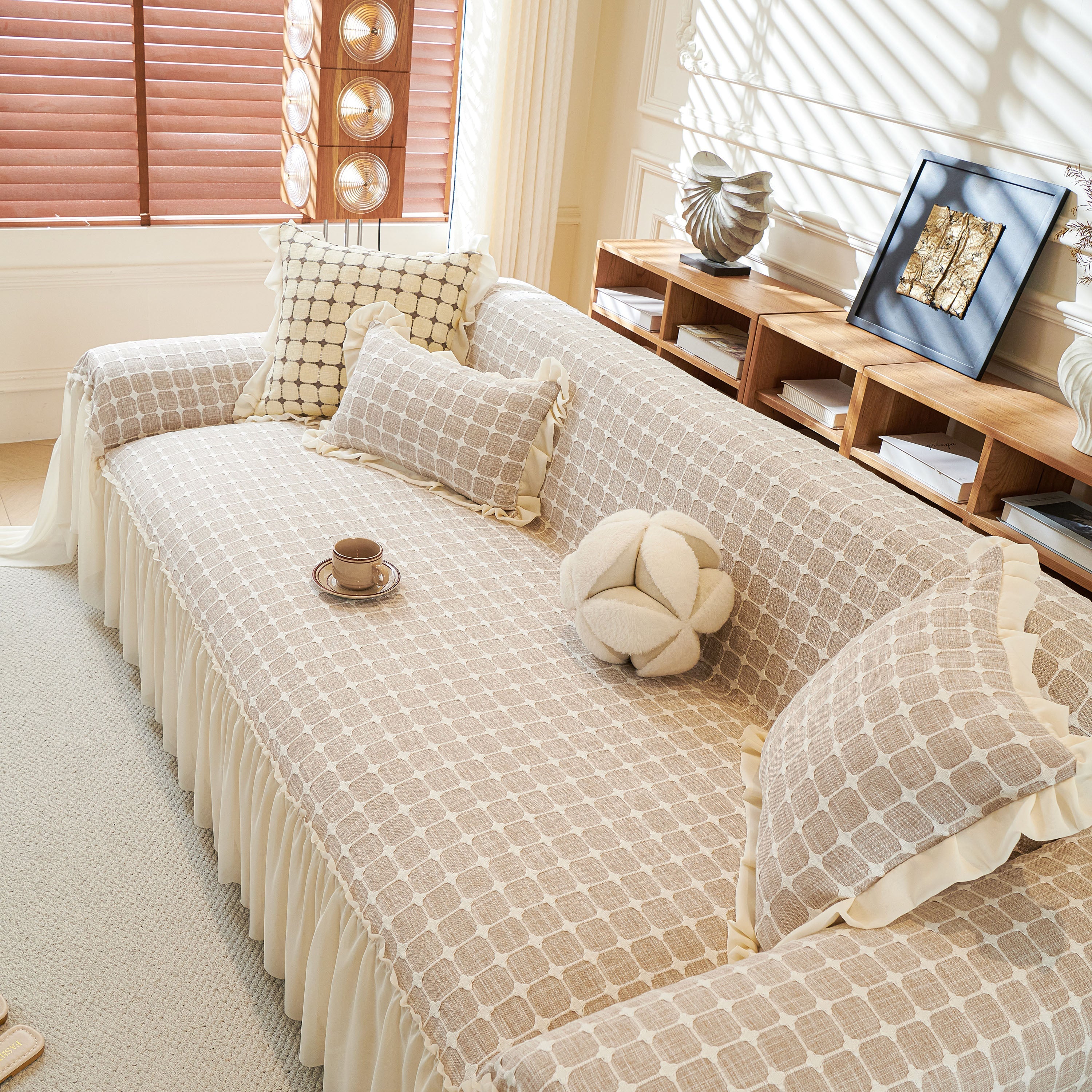 Grid Textured Sofa Cover With Sheer Ruffle Skirt, Pet-friendly Sofa Throw Slipcover