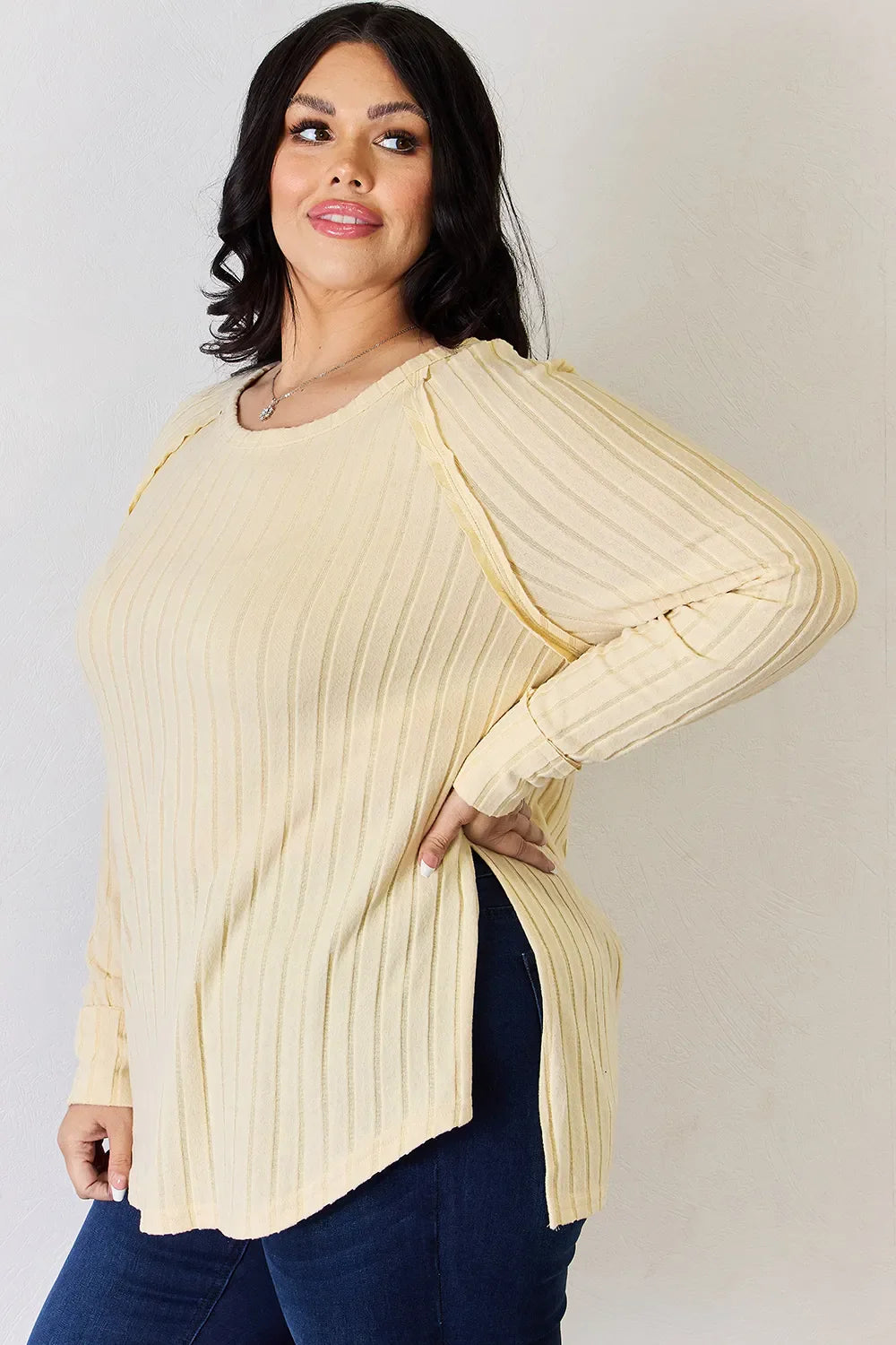 Basic Bae Full Size Ribbed Round Neck Slit Knit Top | Includes Plus Size