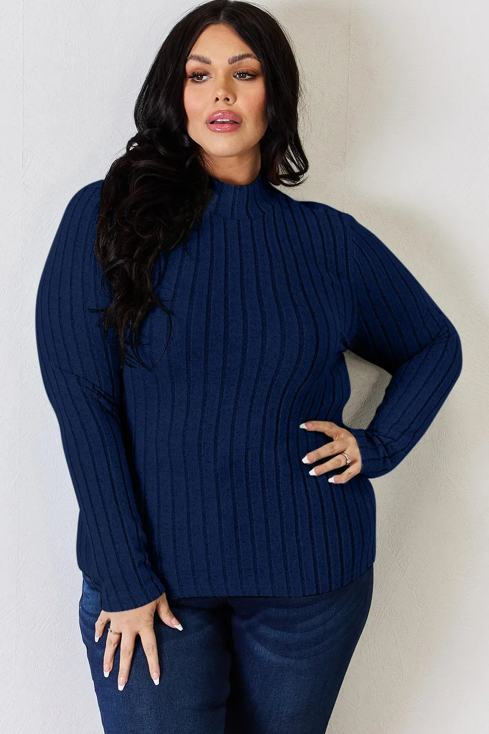 Basic Bae Full Size Ribbed Mock Neck Long Sleeve Knit Top | Includes Plus Size