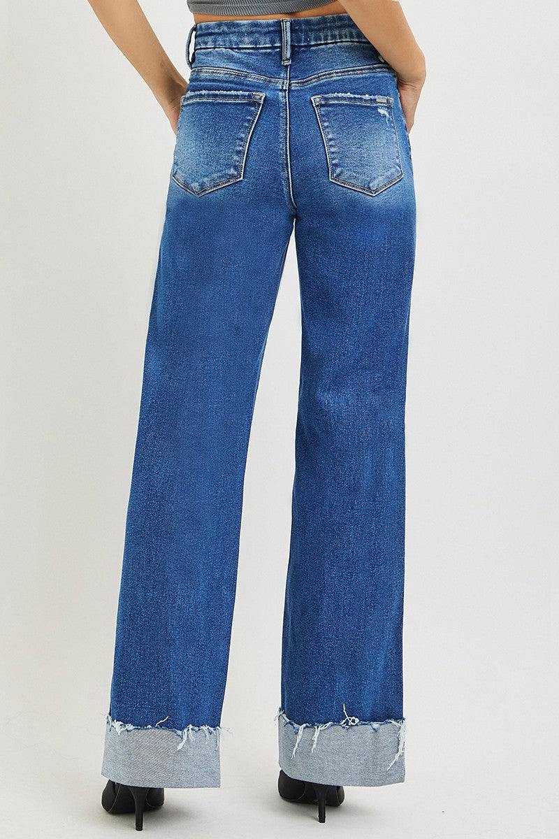 Risen High Rise Wide Leg Jeans With Cuffed Hem