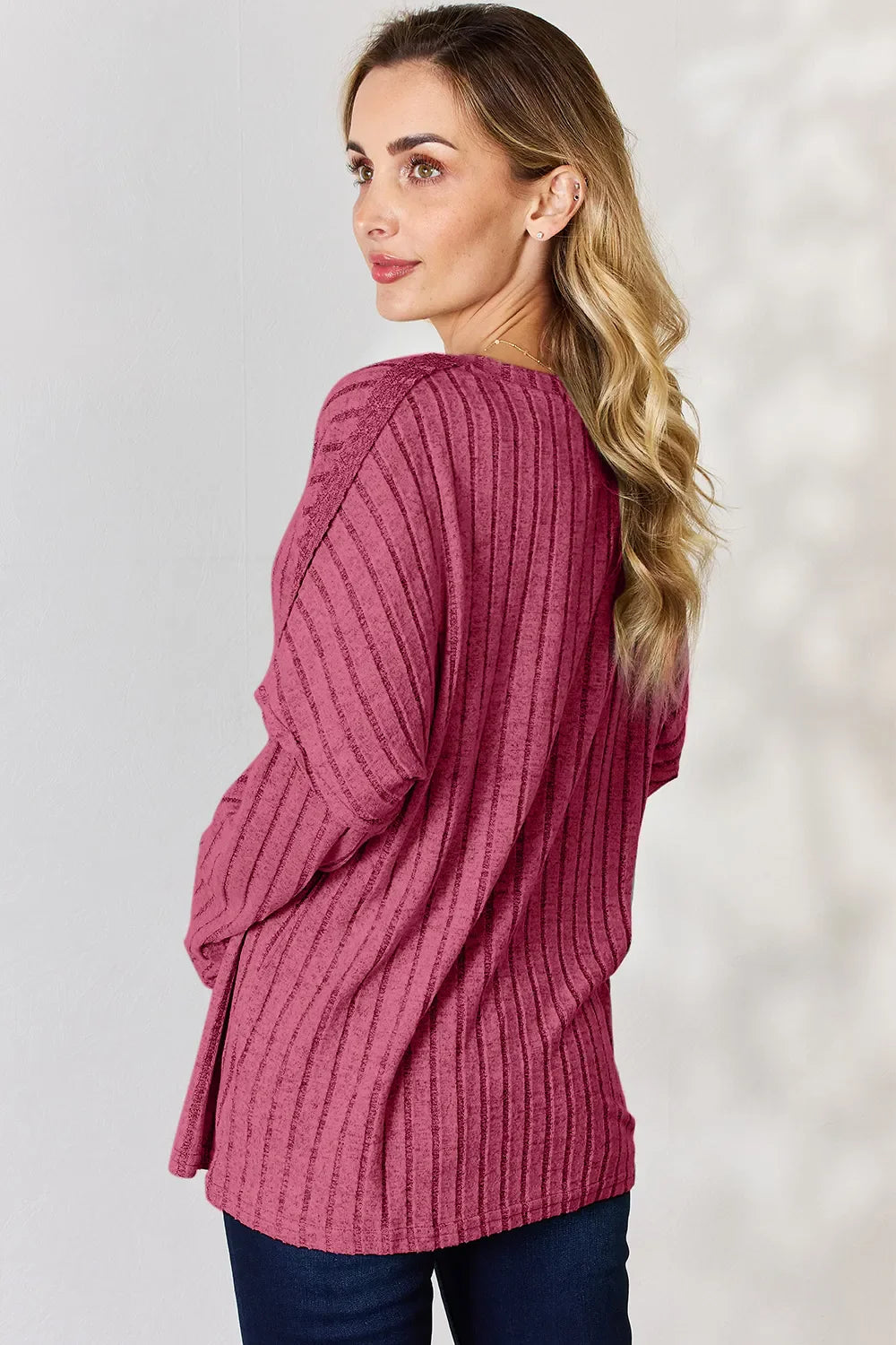 Basic Bae Full Size Ribbed Half Button Long Sleeve T-shirt