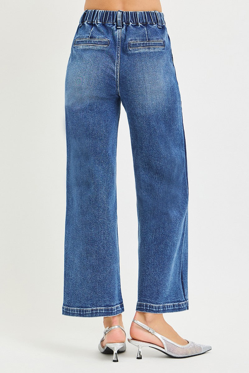 Risen Elastic Band High Rise Cropped Wide Jeans