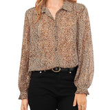 Vince Camuto Women's Printed Button-Front Long-Sleeve Blouse Brown Size XS