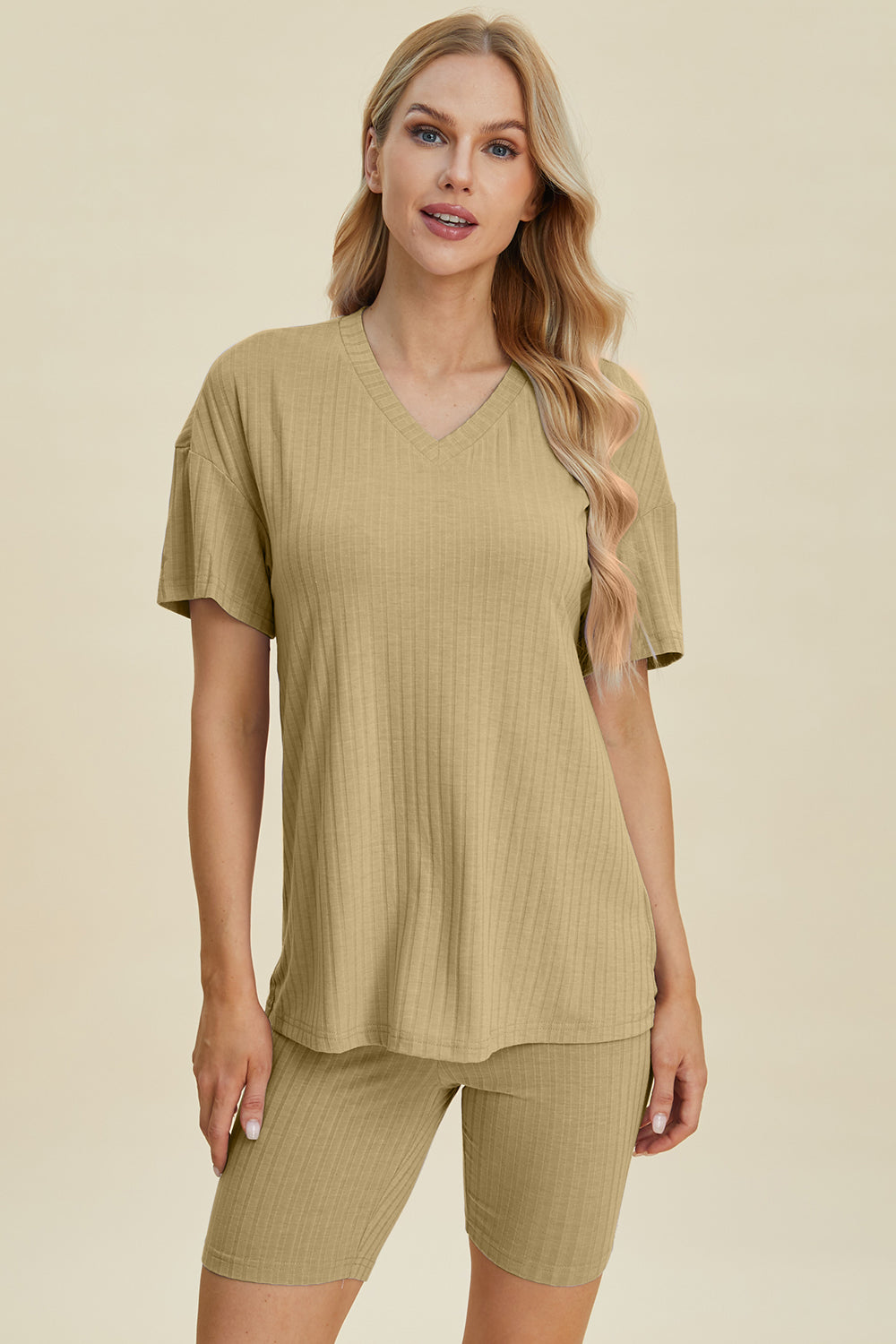 Basic Bae Full Size Ribbed V-neck Short Sleeve Top And Shorts Set