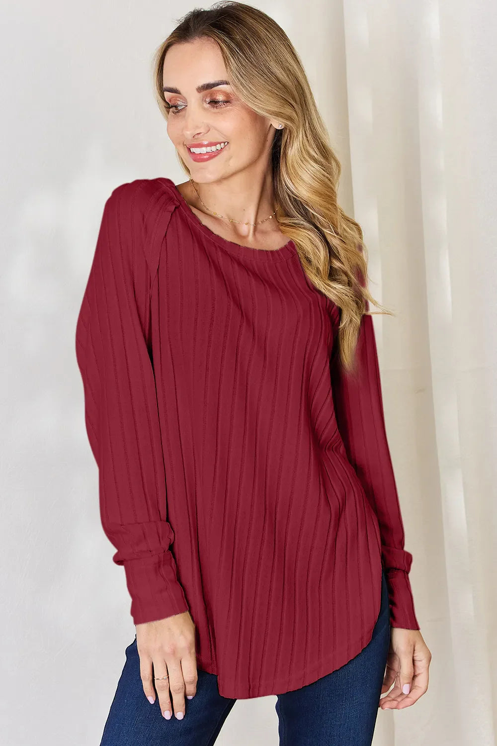 Basic Bae Full Size Ribbed Round Neck Slit Knit Top | Includes Plus Size
