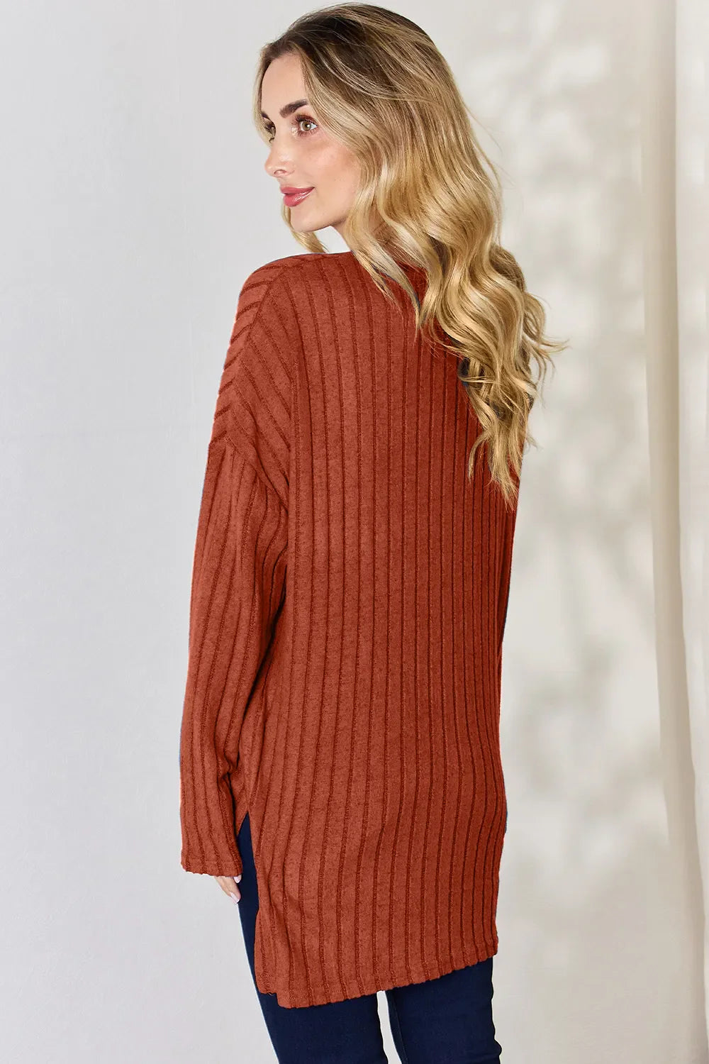 Basic Bae Full Size Ribbed Half Button Long Sleeve High-low Knit Top | Includes Plus Size