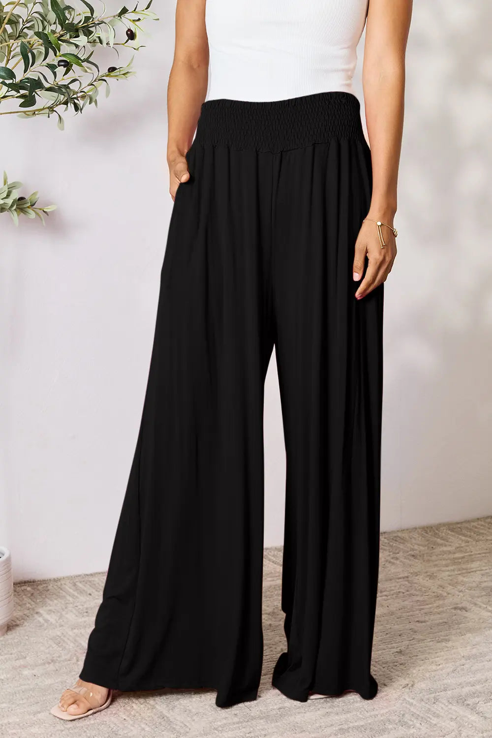 Basic Bae Full Size Smocked Wide Waistband Wide Leg Pants | Includes Plus Size