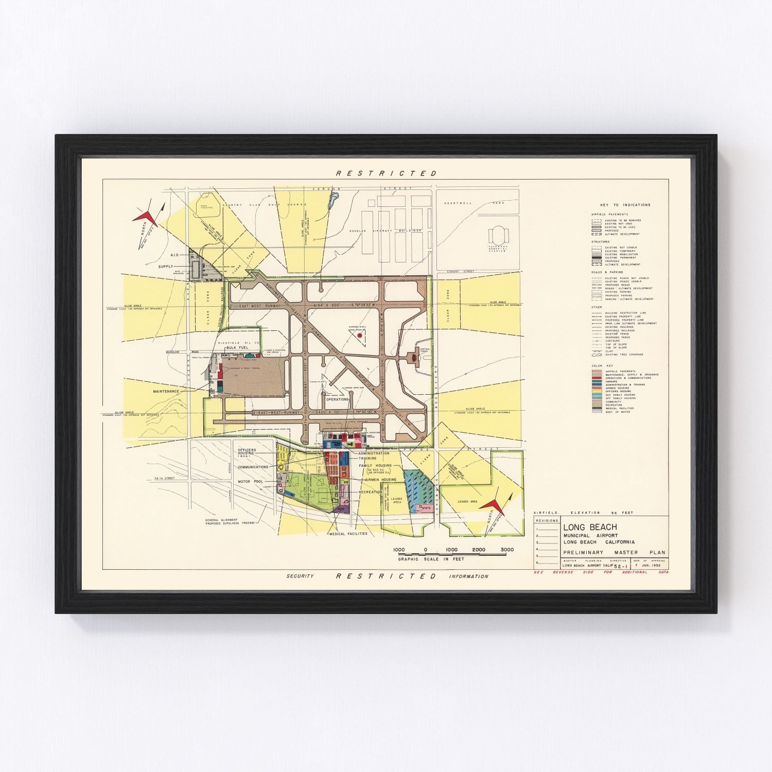 Vintage Map Of Long Beach Municipal Airport, 1952