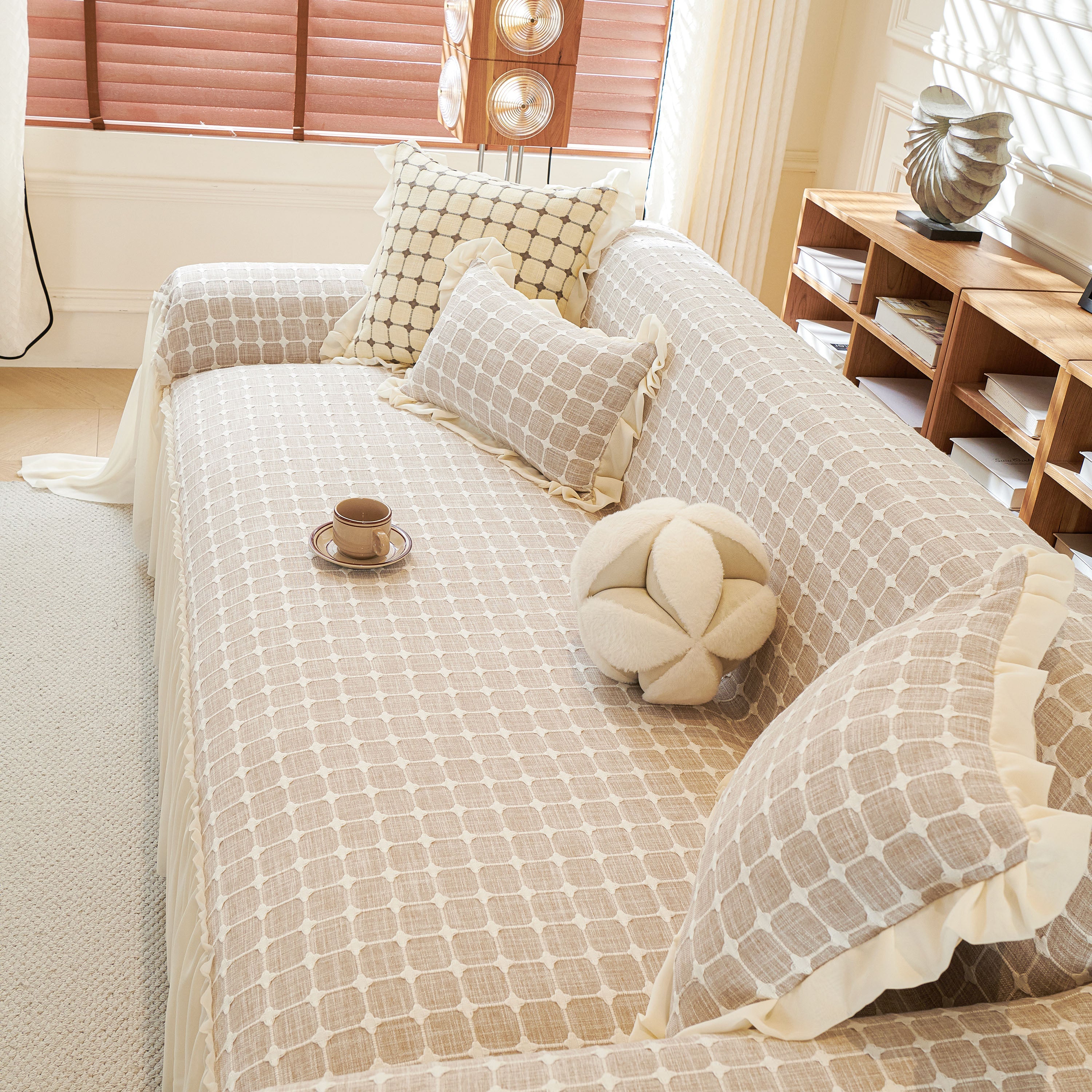 Grid Textured Sofa Cover With Sheer Ruffle Skirt, Pet-friendly Sofa Throw Slipcover