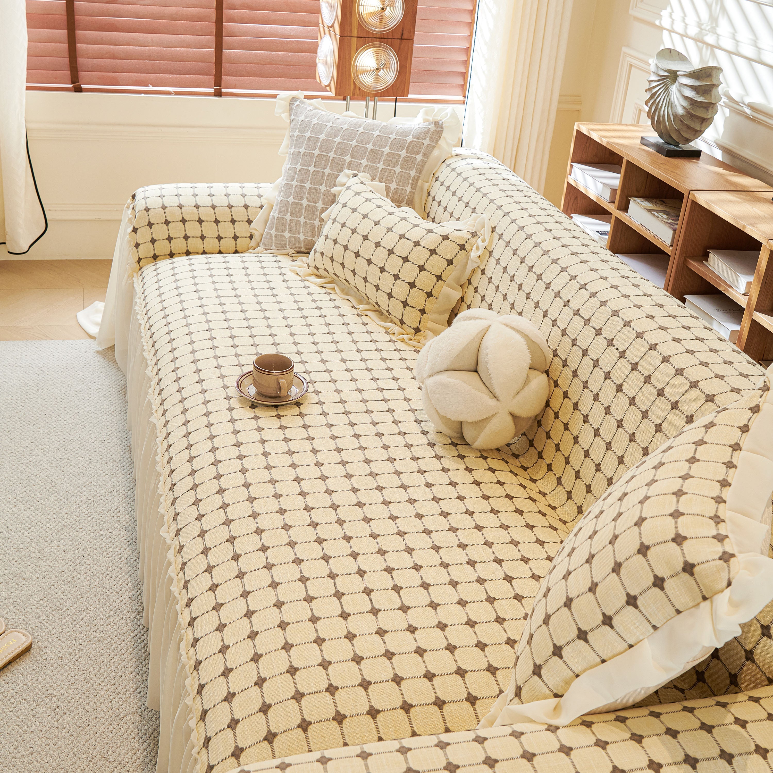 Grid Textured Sofa Cover With Sheer Ruffle Skirt, Pet-friendly Sofa Throw Slipcover