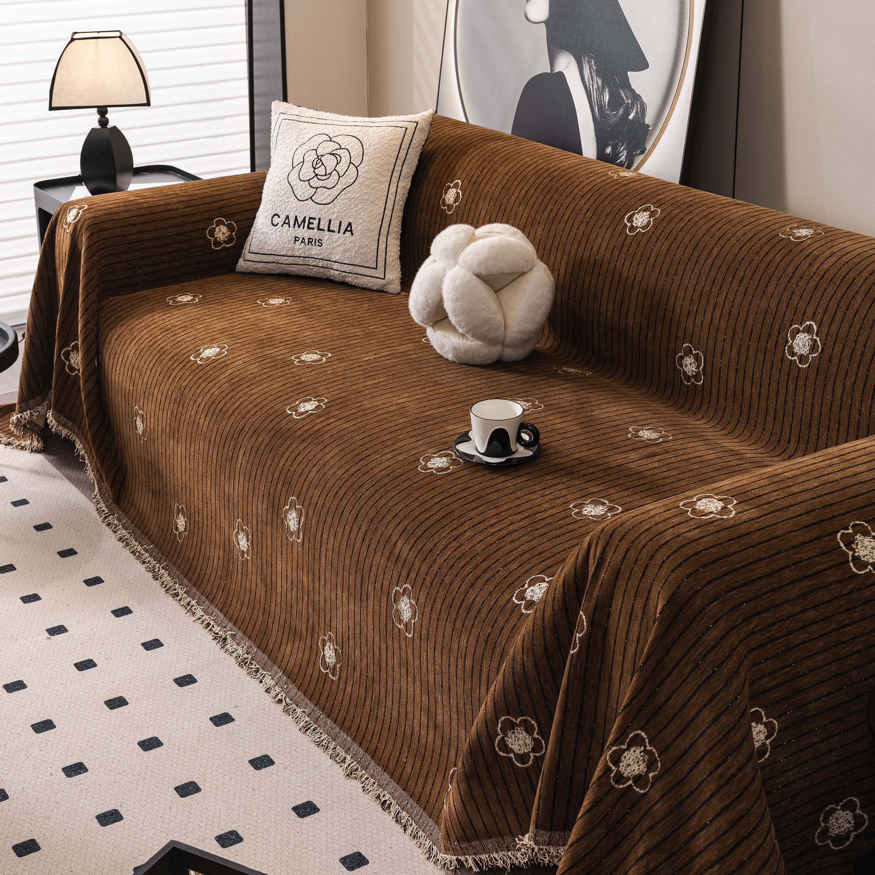 Chenille Camellia Floral Sofa Throw Cover Couch Blanket With Striped Jacquard