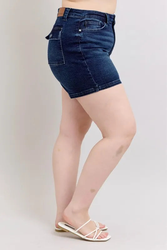 Judy Blue Full Size High Waist Back Flap Pocket Denim Shorts | Includes Plus Size