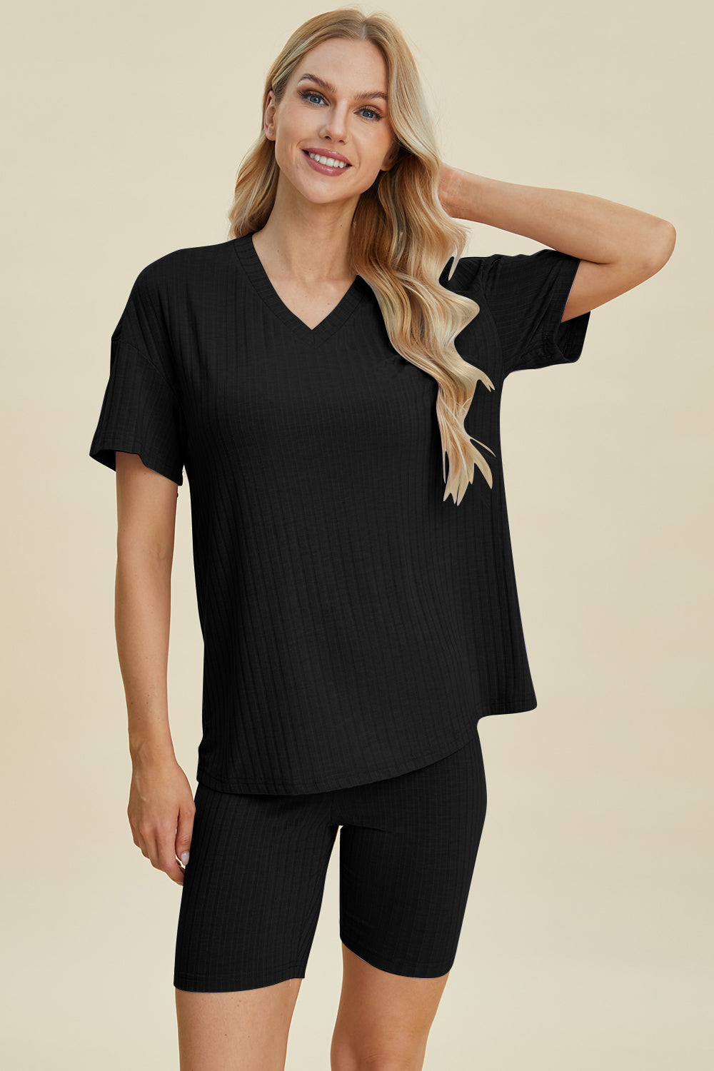 Basic Bae Full Size Ribbed V-neck Short Sleeve Top And Shorts Set
