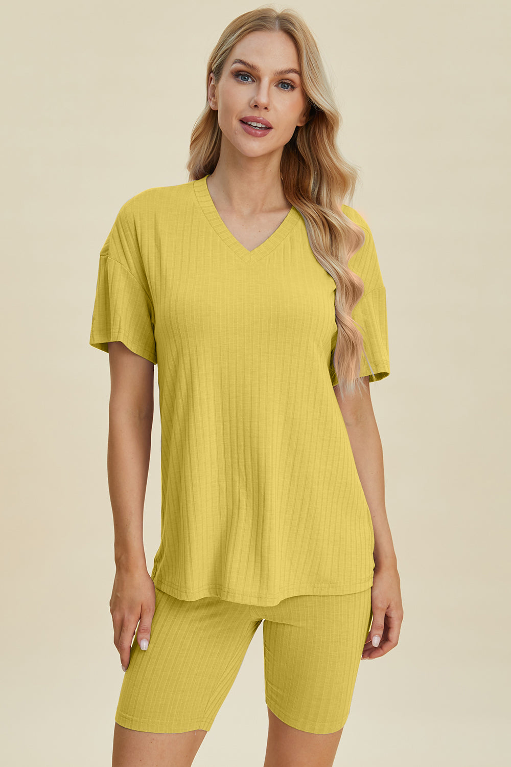 Basic Bae Full Size Ribbed V-neck Short Sleeve Top And Shorts Set