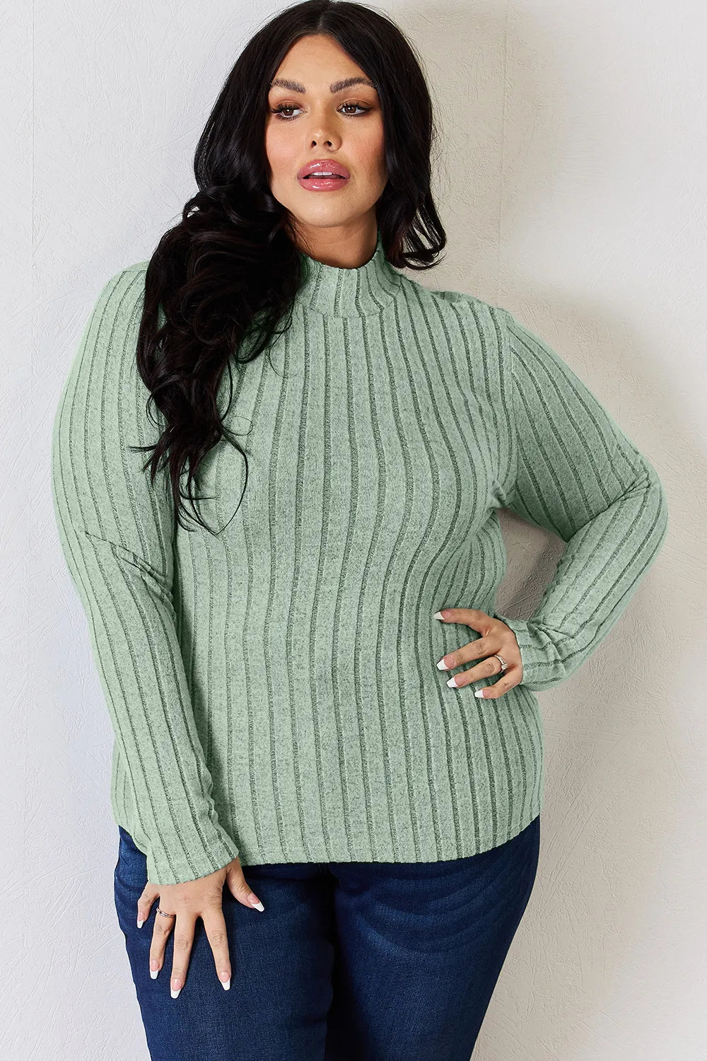 Basic Bae Full Size Ribbed Mock Neck Long Sleeve Knit Top | Includes Plus Size