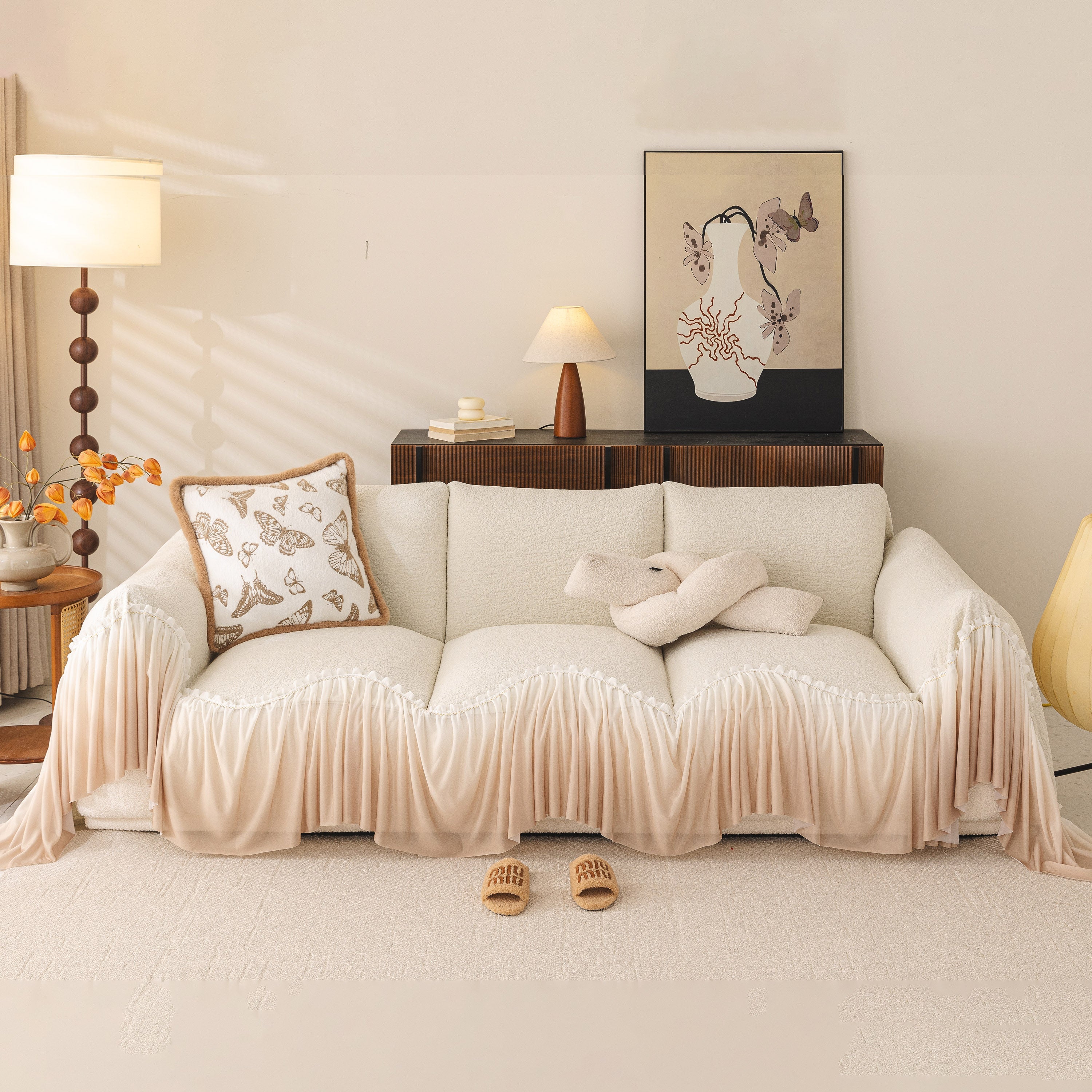 Luxury Sofa Throw Cover With Elegant Ruffled Skirt, Soft Decorative Couch Protector