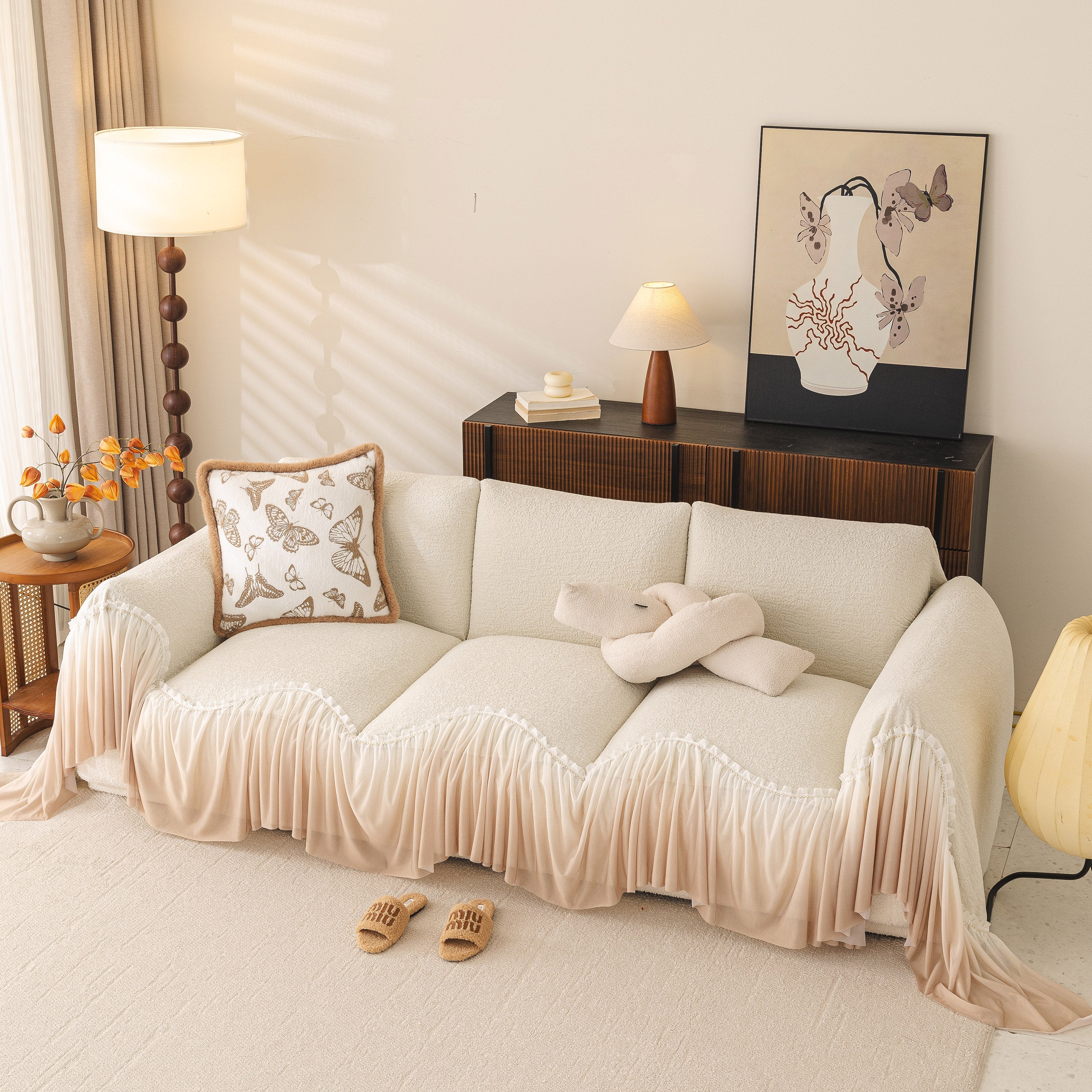 Luxury Sofa Throw Cover With Elegant Ruffled Skirt, Soft Decorative Couch Protector