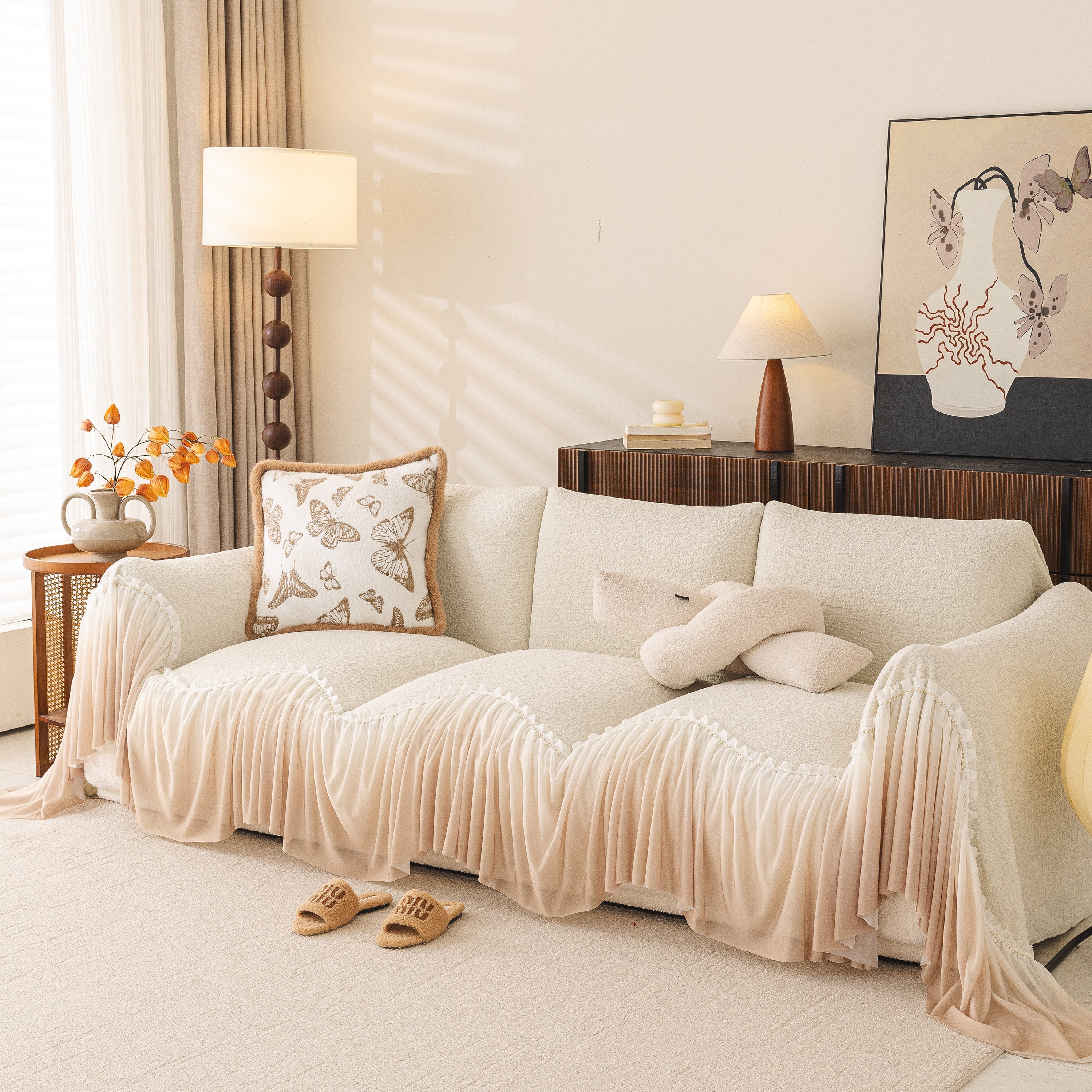 Luxury Sofa Throw Cover With Elegant Ruffled Skirt, Soft Decorative Couch Protector
