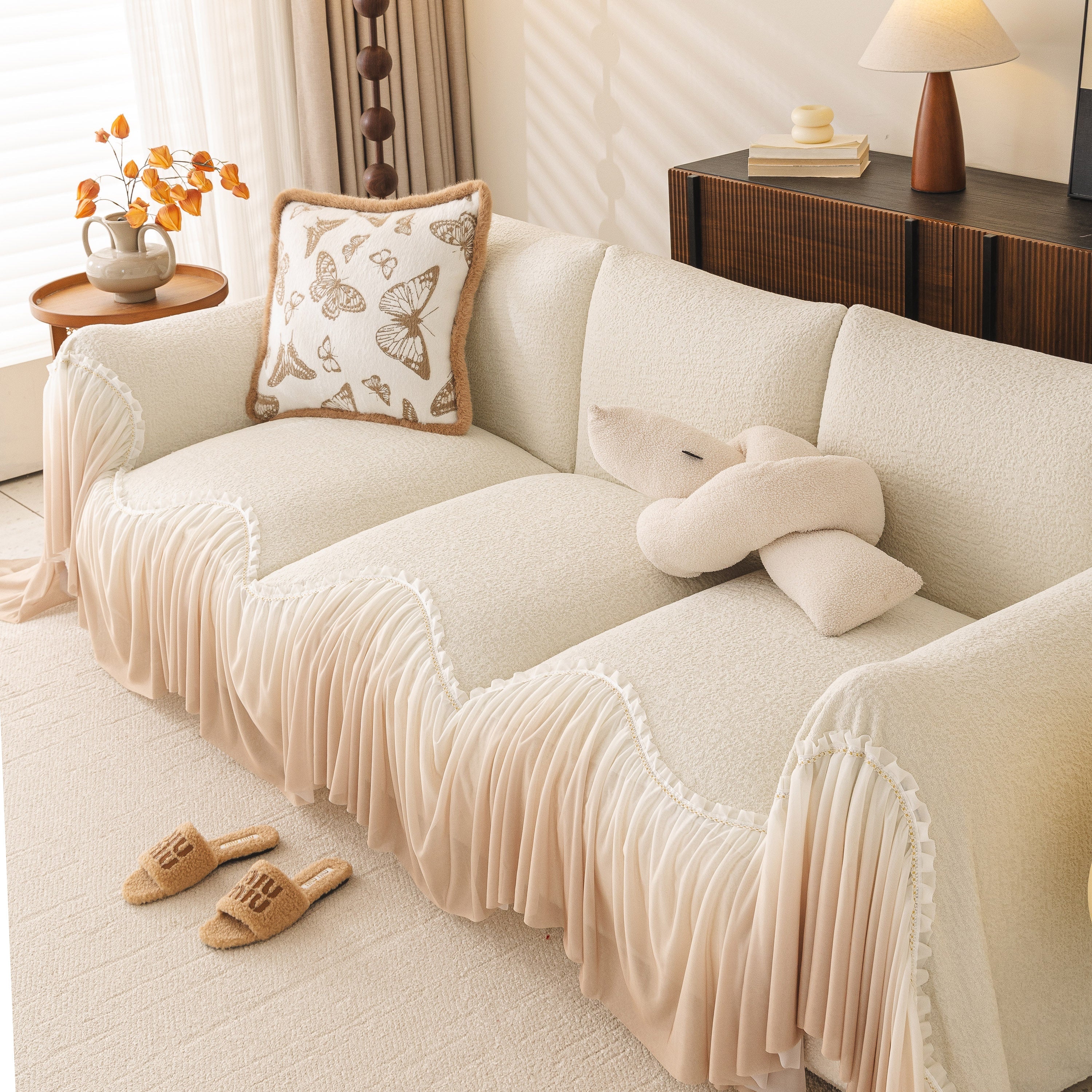 Luxury Sofa Throw Cover With Elegant Ruffled Skirt, Soft Decorative Couch Protector