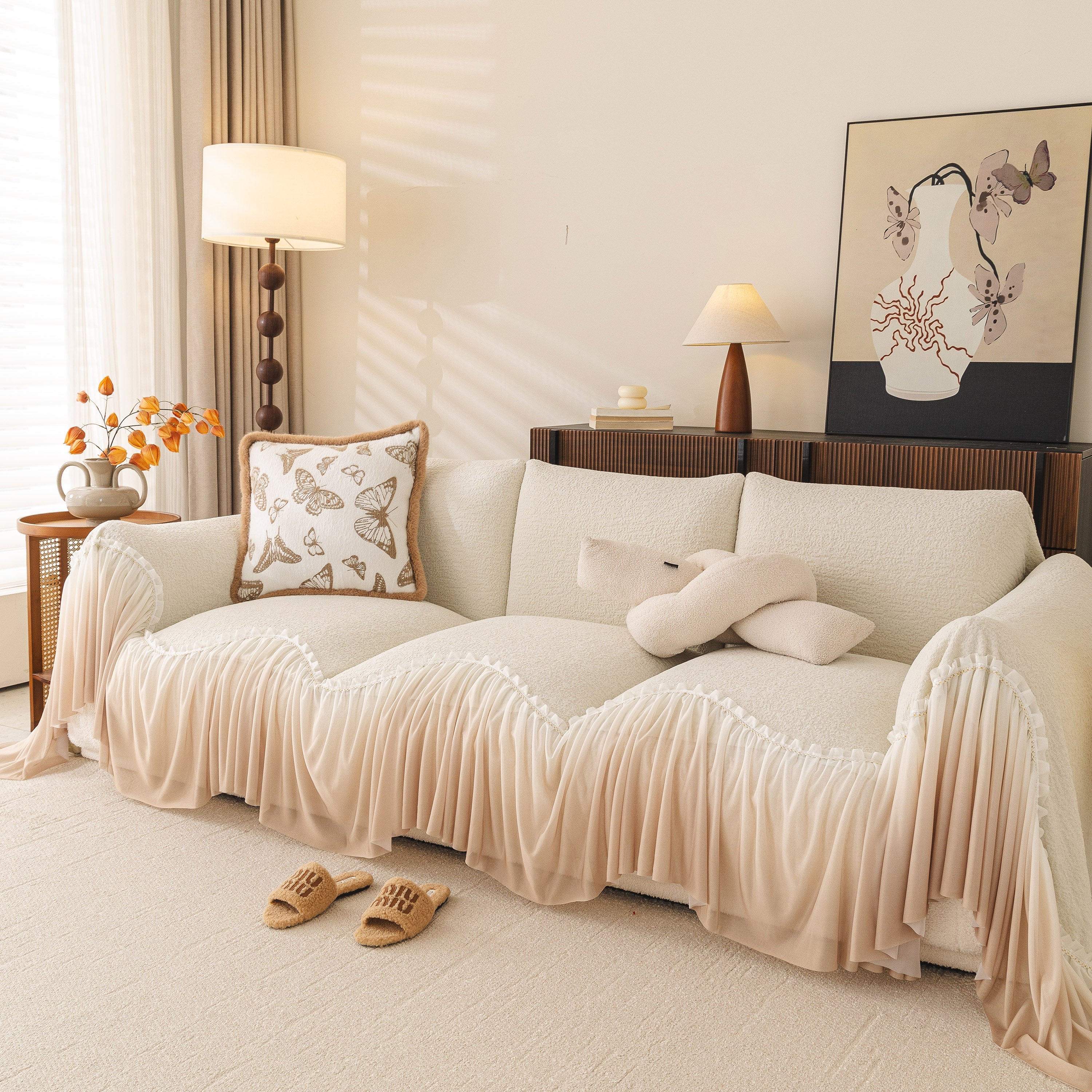 Luxury Sofa Throw Cover With Elegant Ruffled Skirt, Soft Decorative Couch Protector
