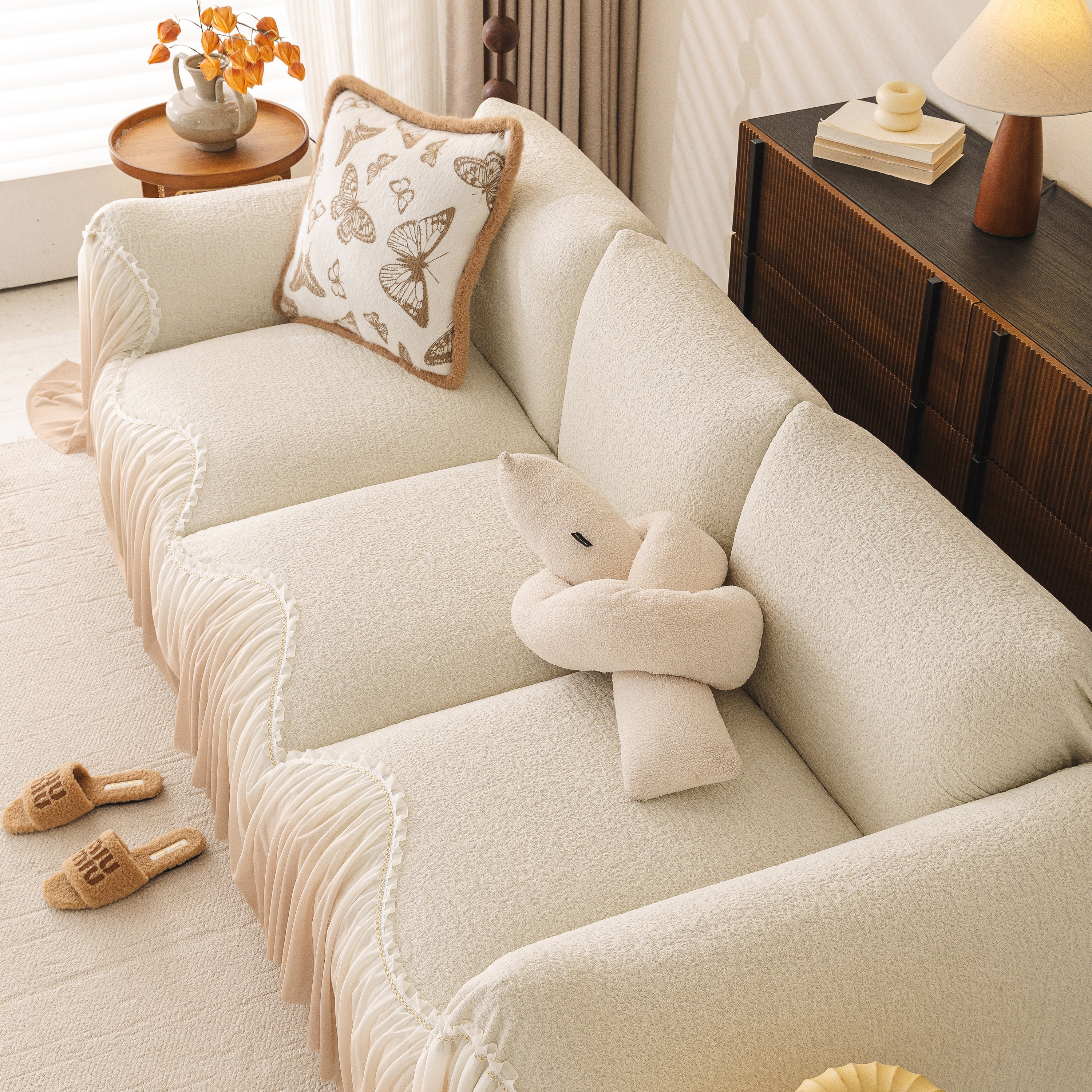 Luxury Sofa Throw Cover With Elegant Ruffled Skirt, Soft Decorative Couch Protector
