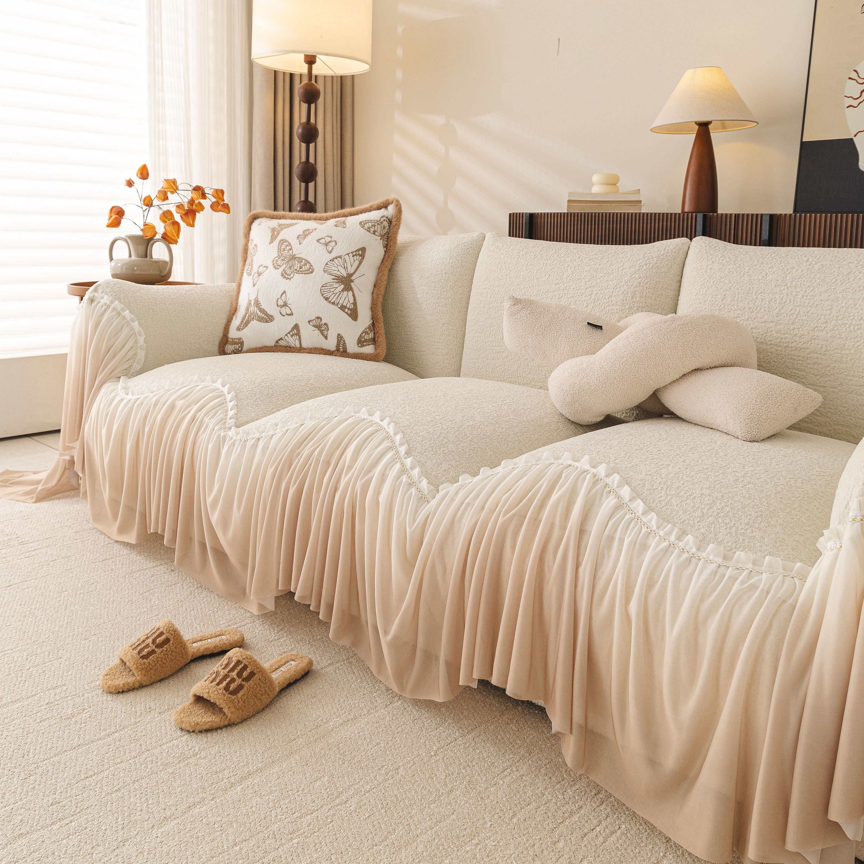 Luxury Sofa Throw Cover With Elegant Ruffled Skirt, Soft Decorative Couch Protector