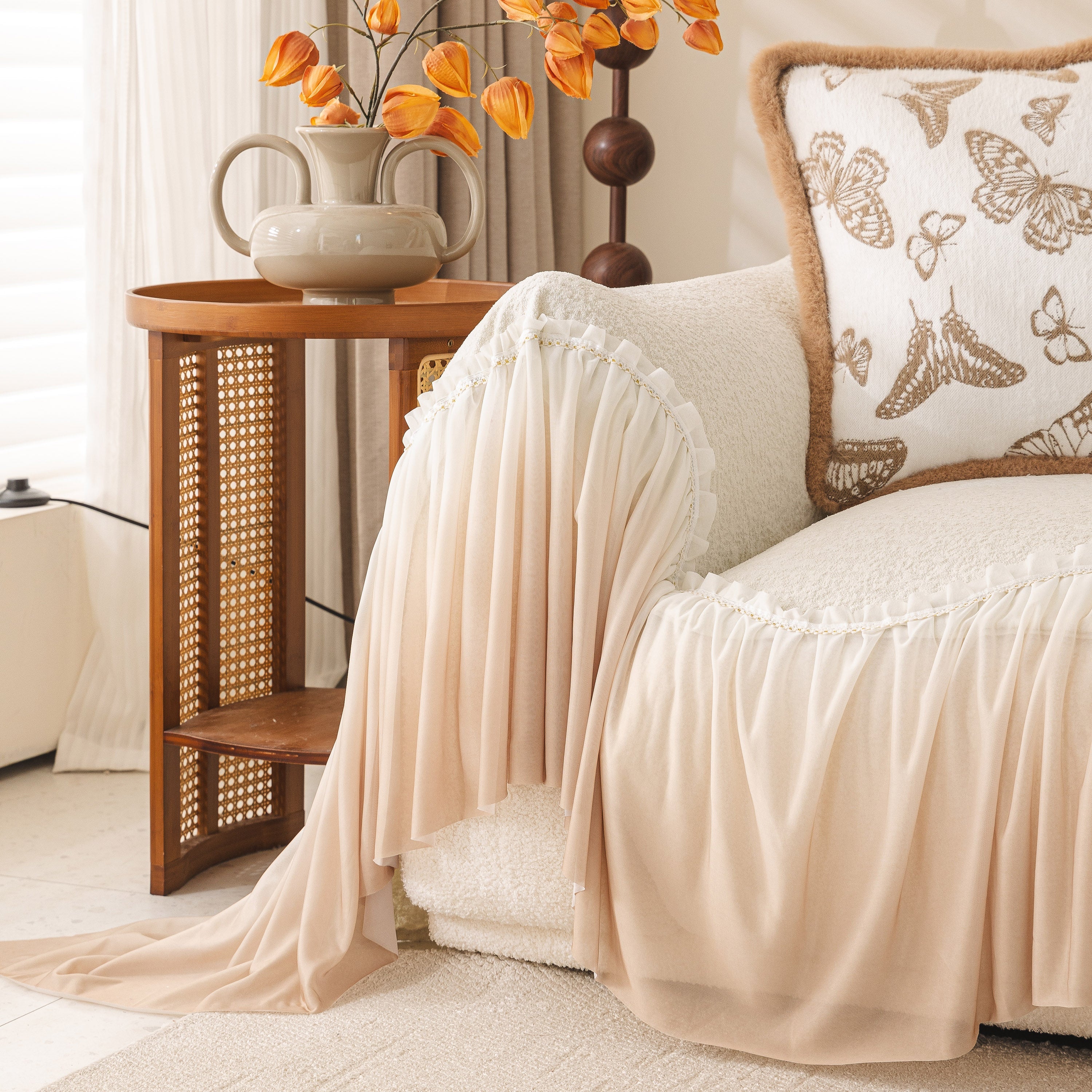 Luxury Sofa Throw Cover With Elegant Ruffled Skirt, Soft Decorative Couch Protector
