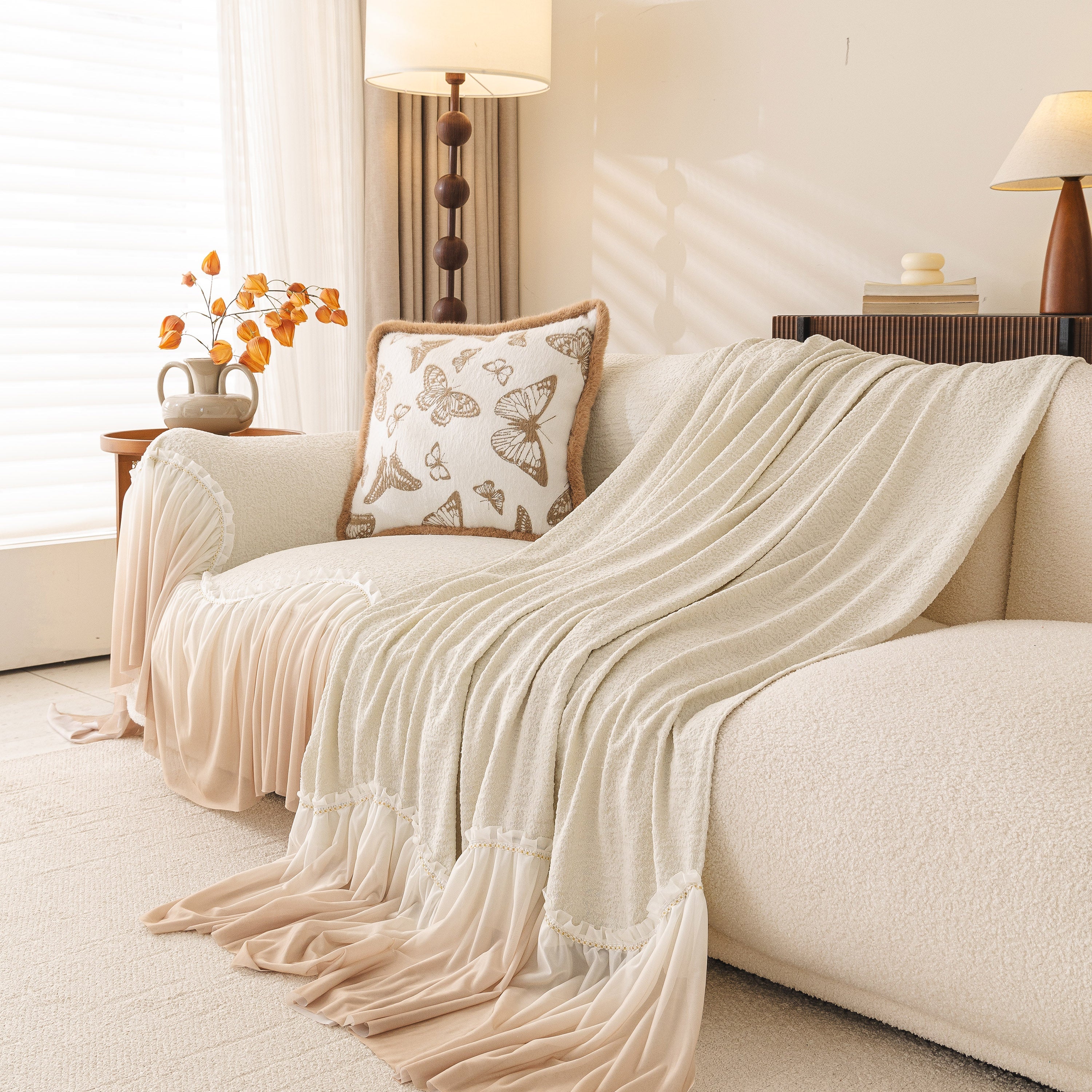Luxury Sofa Throw Cover With Elegant Ruffled Skirt, Soft Decorative Couch Protector