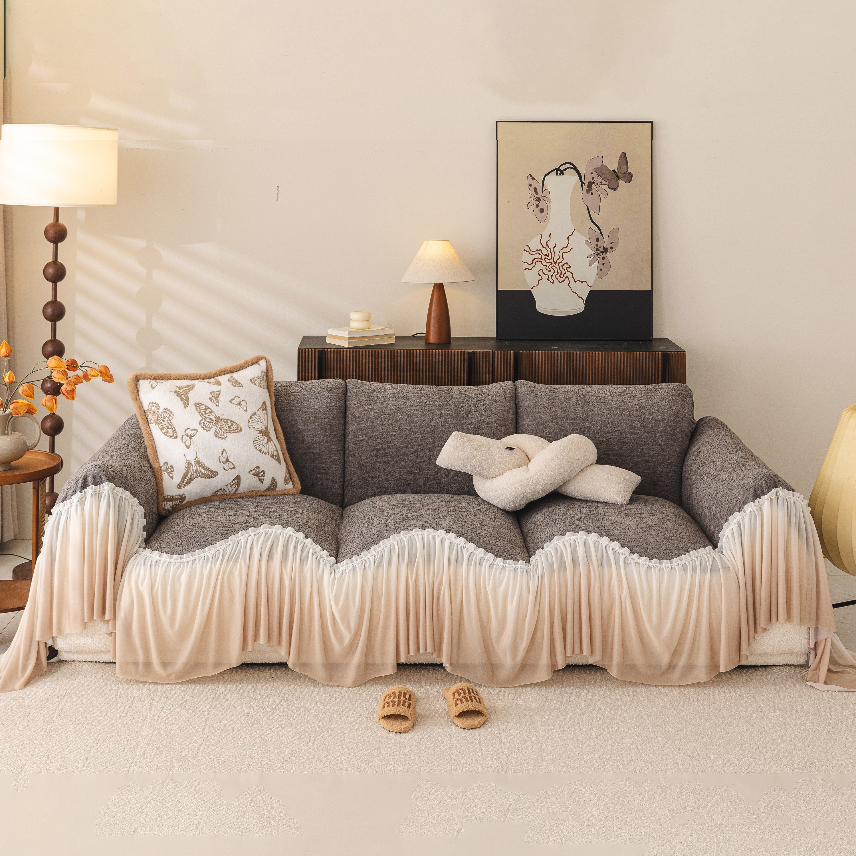 Luxury Sofa Throw Cover With Elegant Ruffled Skirt, Soft Decorative Couch Protector