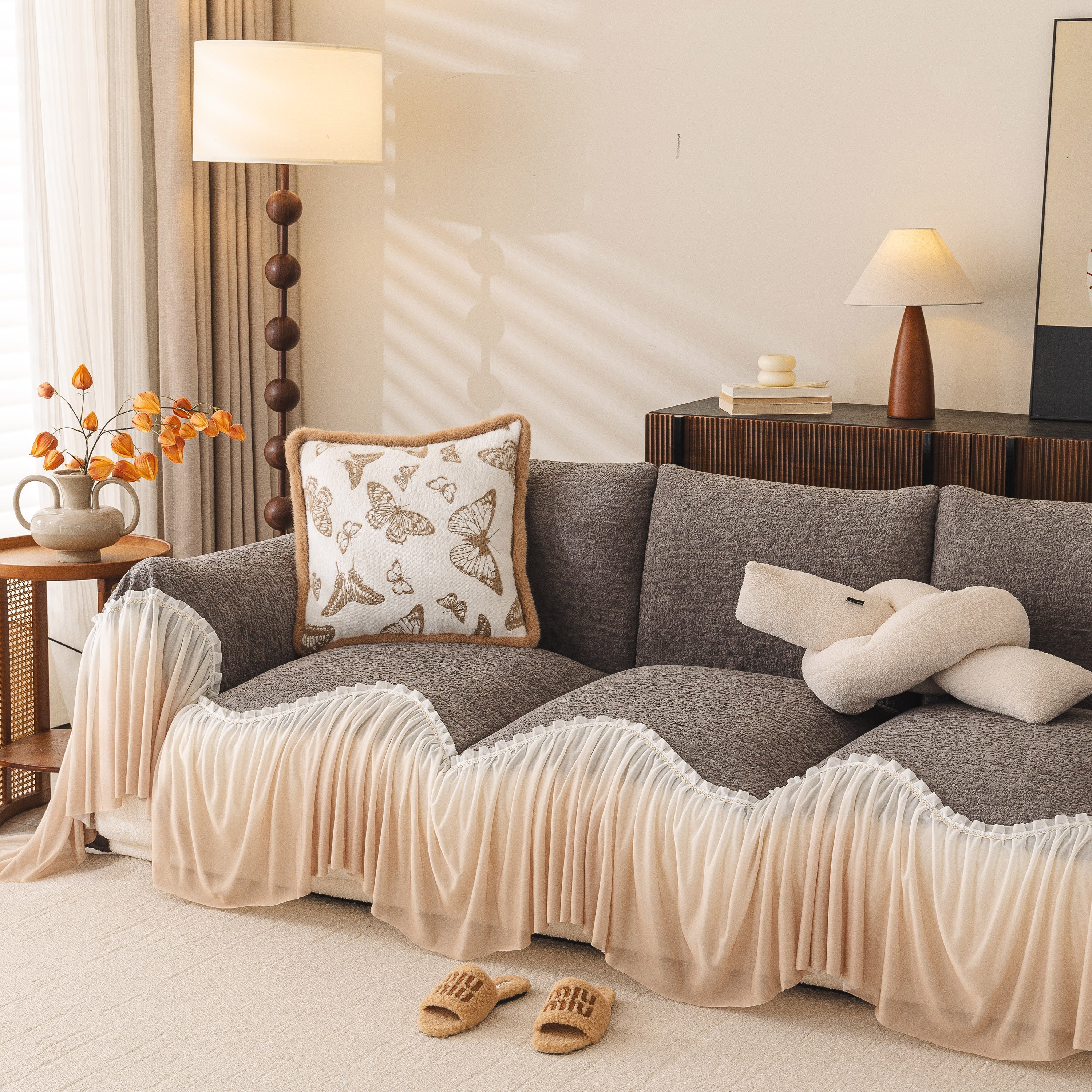 Luxury Sofa Throw Cover With Elegant Ruffled Skirt, Soft Decorative Couch Protector