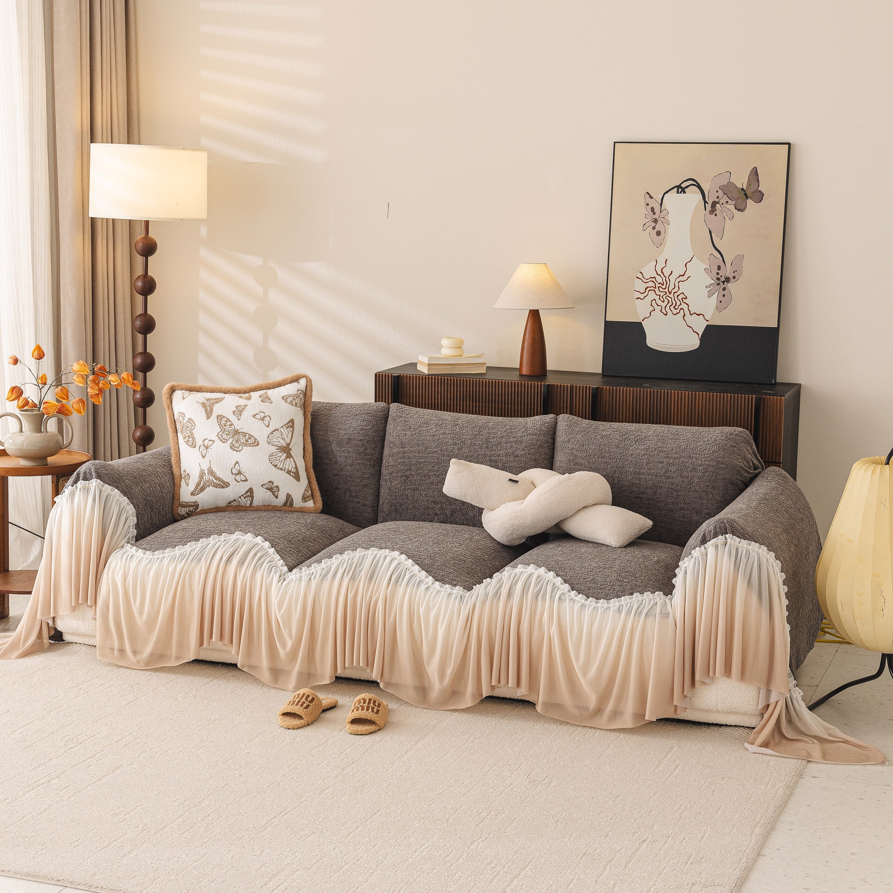 Luxury Sofa Throw Cover With Elegant Ruffled Skirt, Soft Decorative Couch Protector