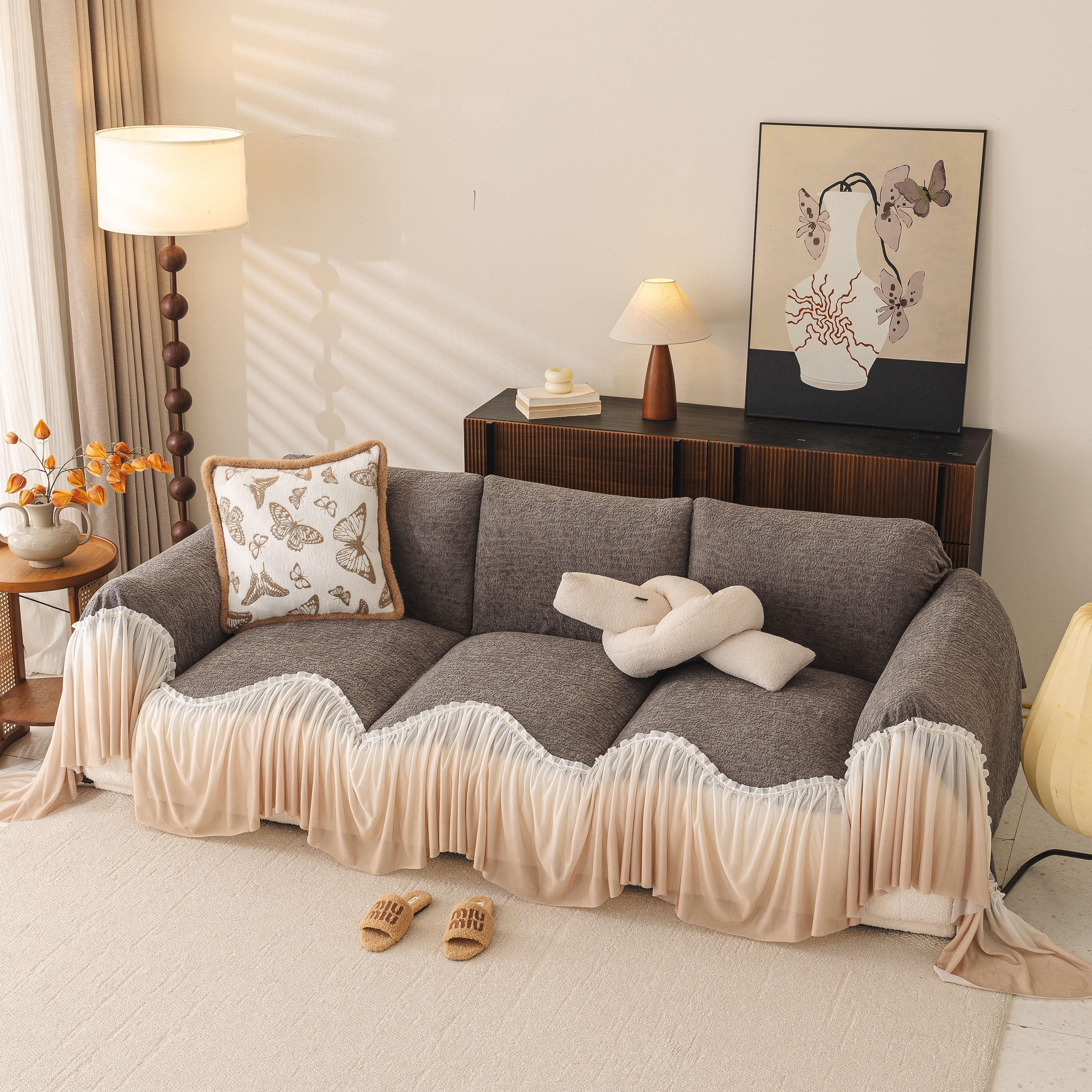 Luxury Sofa Throw Cover With Elegant Ruffled Skirt, Soft Decorative Couch Protector