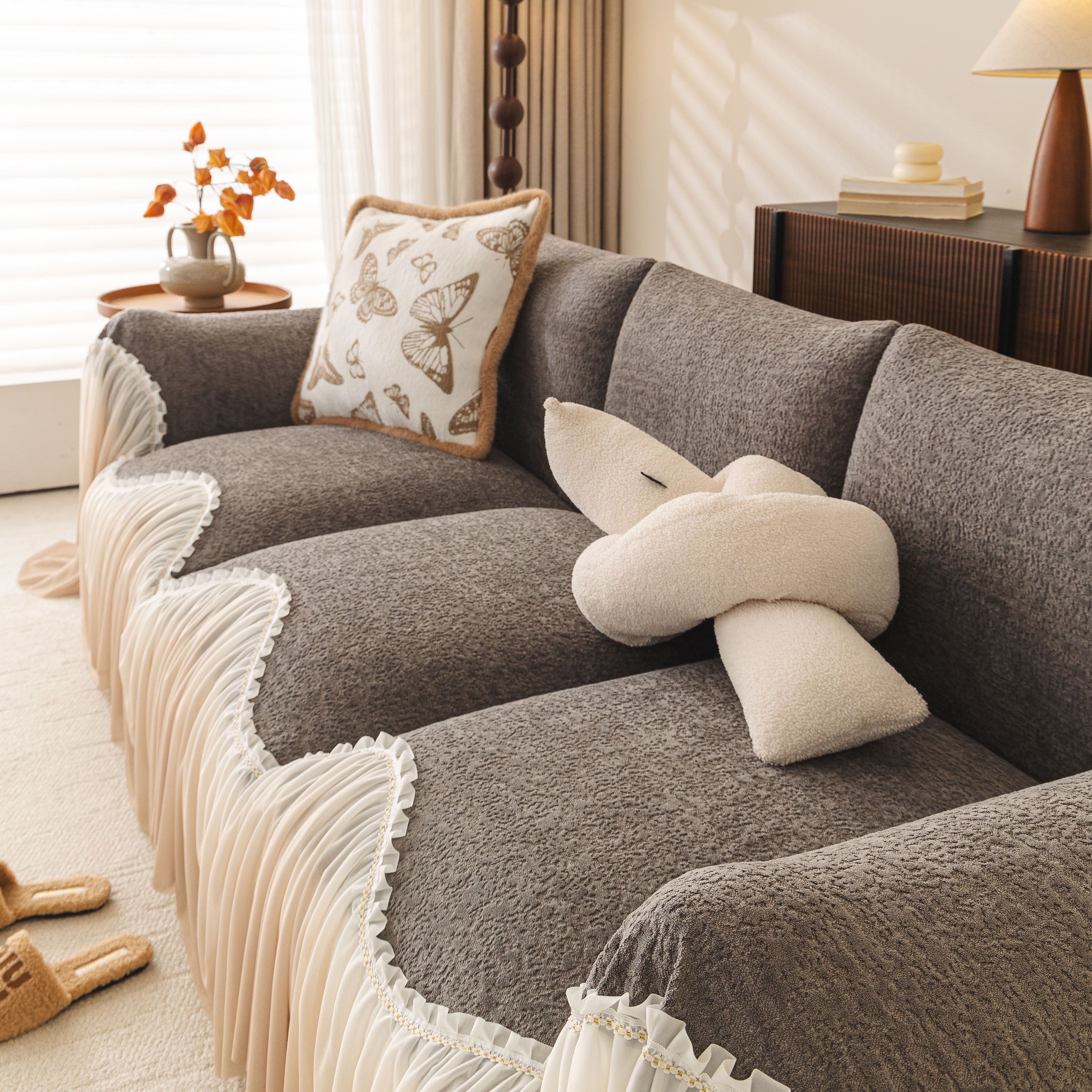 Luxury Sofa Throw Cover With Elegant Ruffled Skirt, Soft Decorative Couch Protector