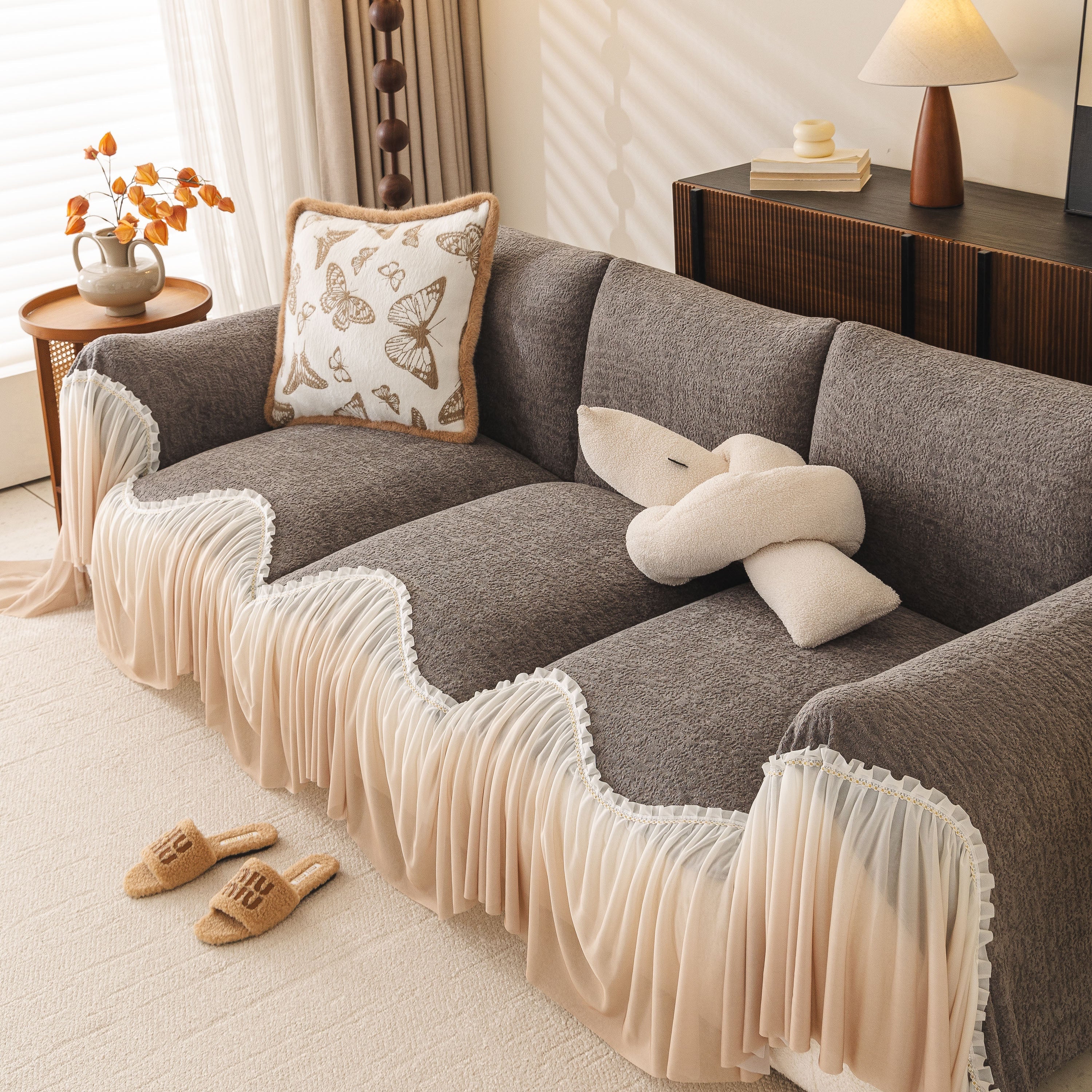 Luxury Sofa Throw Cover With Elegant Ruffled Skirt, Soft Decorative Couch Protector
