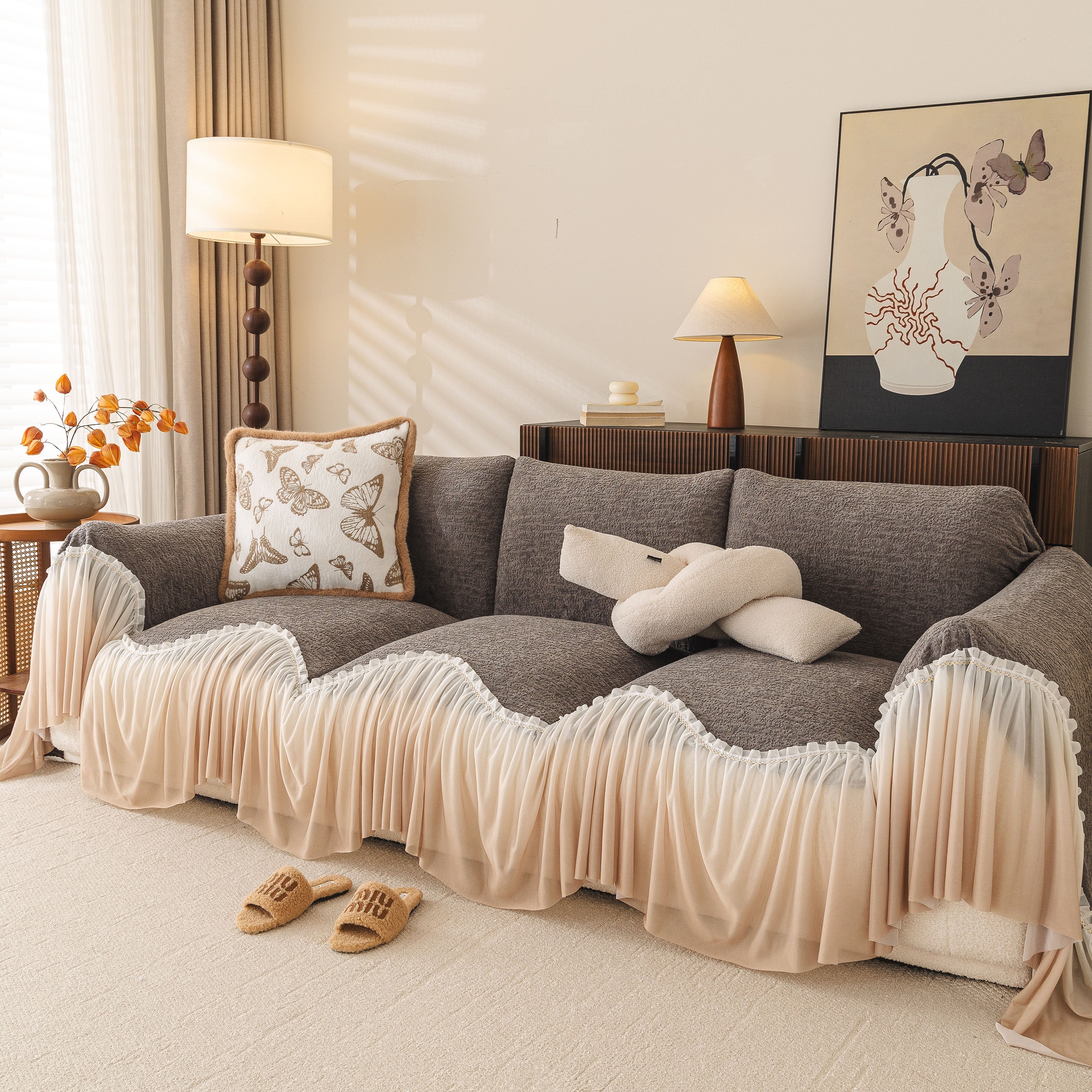 Luxury Sofa Throw Cover With Elegant Ruffled Skirt, Soft Decorative Couch Protector