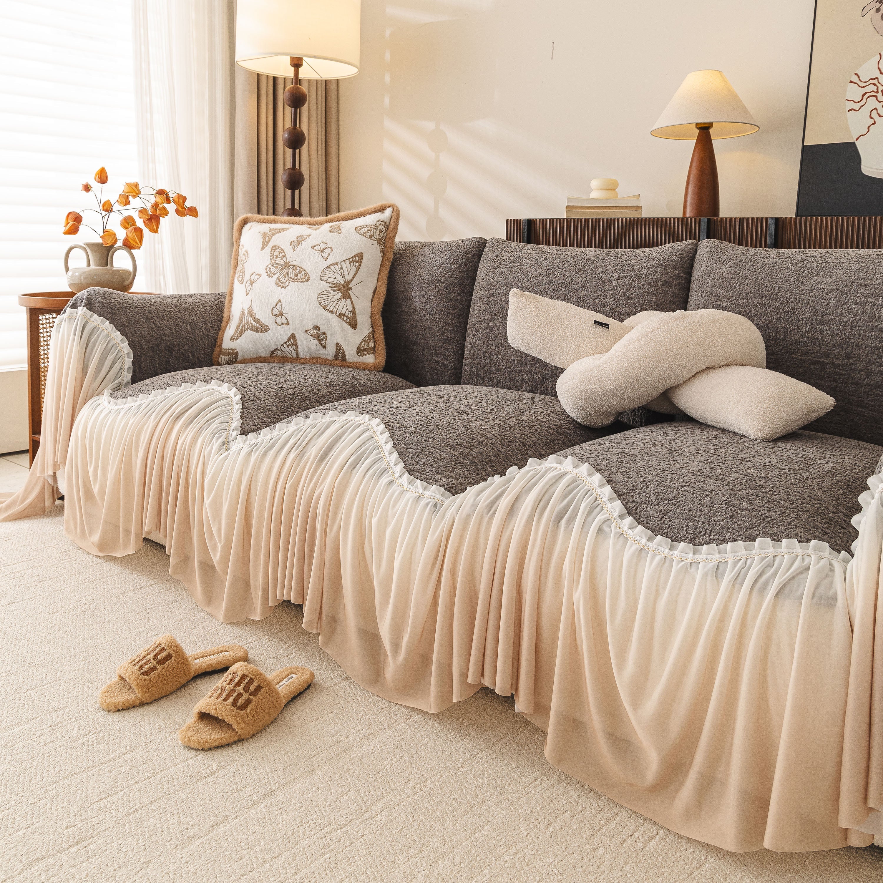 Luxury Sofa Throw Cover With Elegant Ruffled Skirt, Soft Decorative Couch Protector
