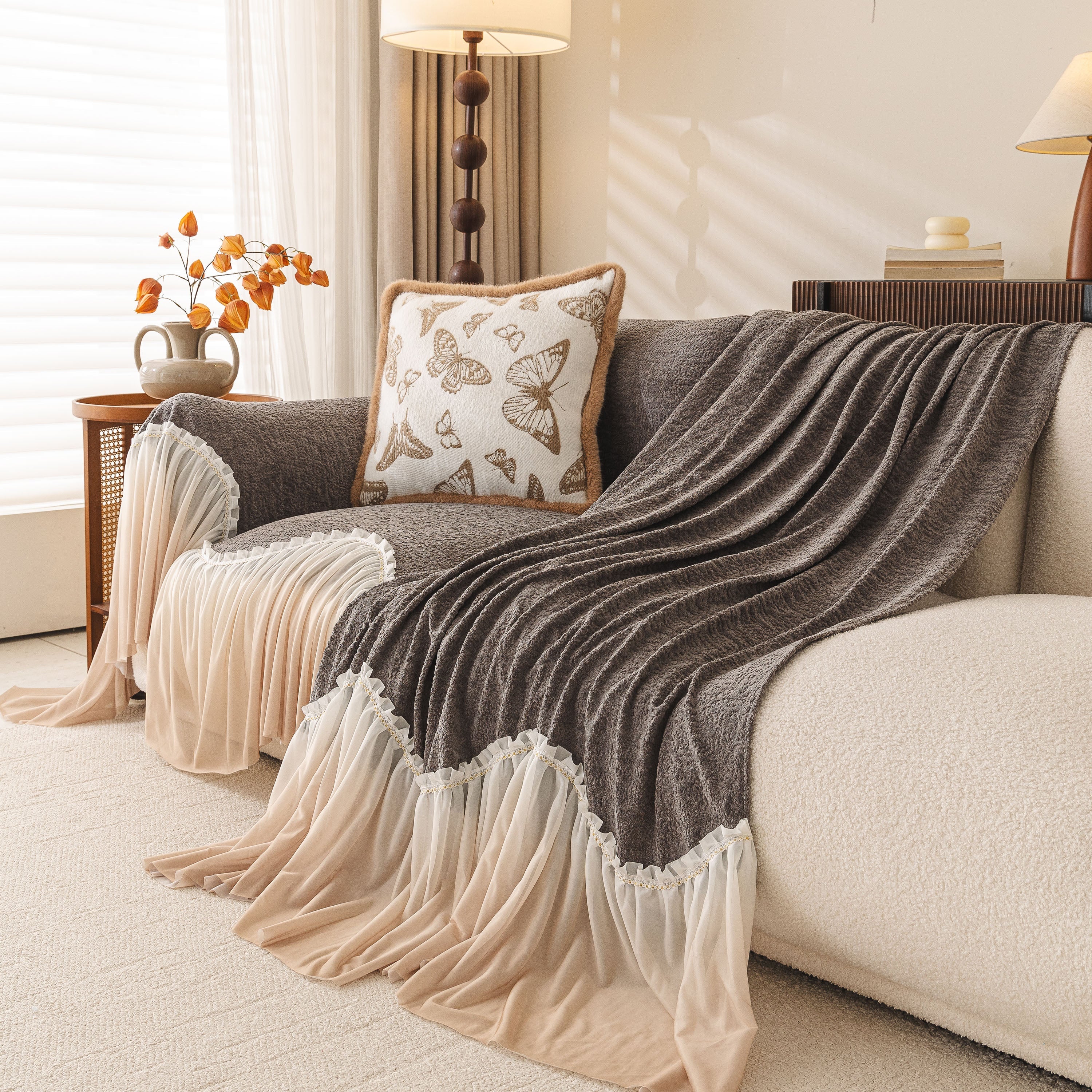 Luxury Sofa Throw Cover With Elegant Ruffled Skirt, Soft Decorative Couch Protector