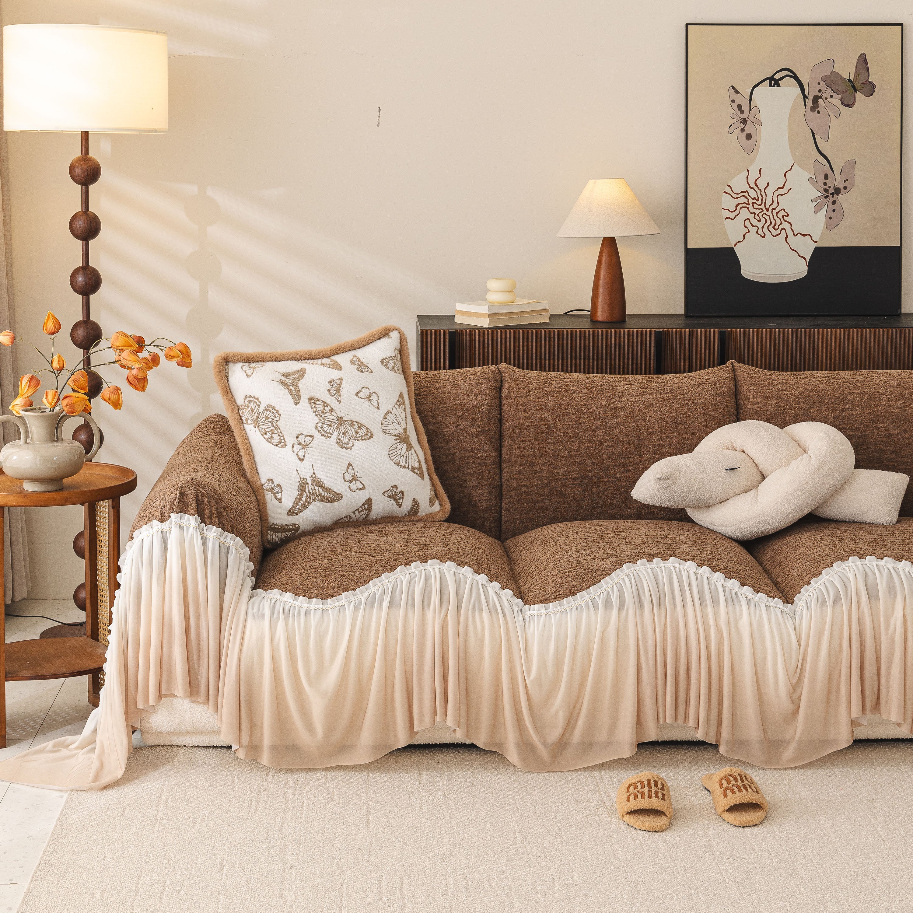Luxury Sofa Throw Cover With Elegant Ruffled Skirt, Soft Decorative Couch Protector