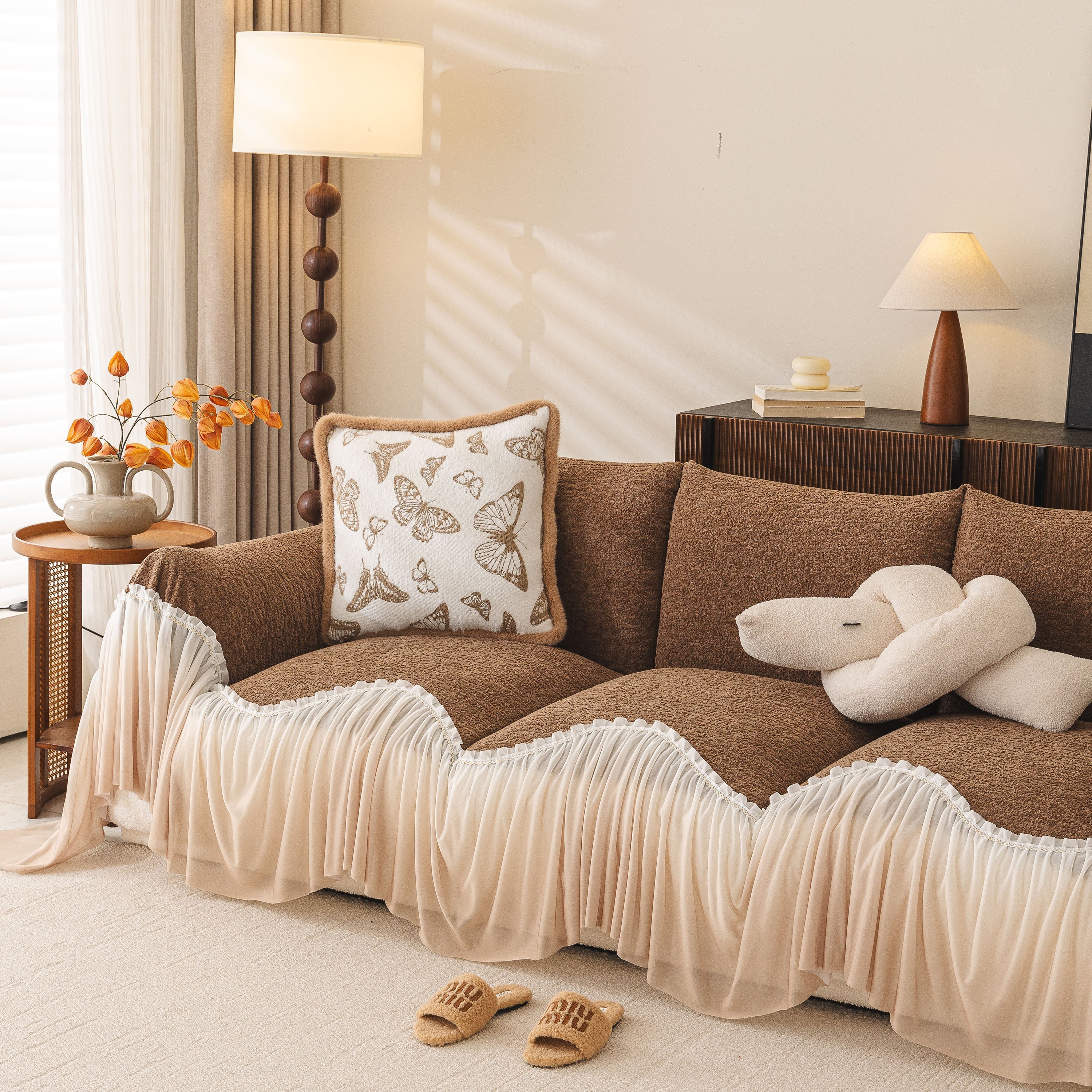 Luxury Sofa Throw Cover With Elegant Ruffled Skirt, Soft Decorative Couch Protector