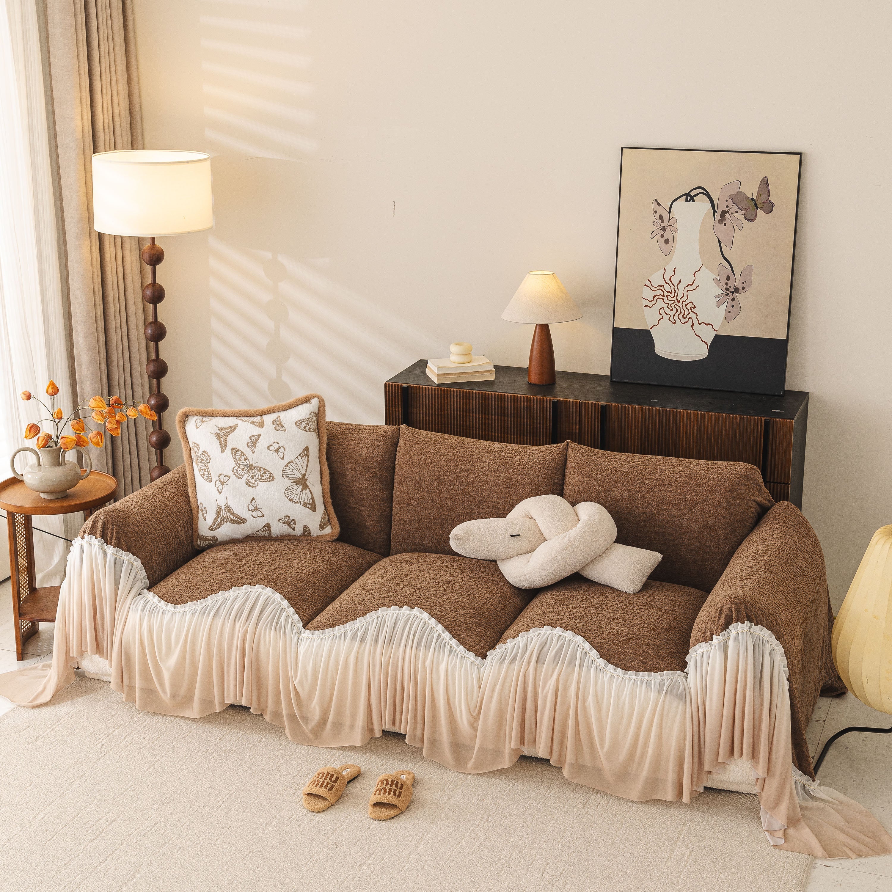Luxury Sofa Throw Cover With Elegant Ruffled Skirt, Soft Decorative Couch Protector