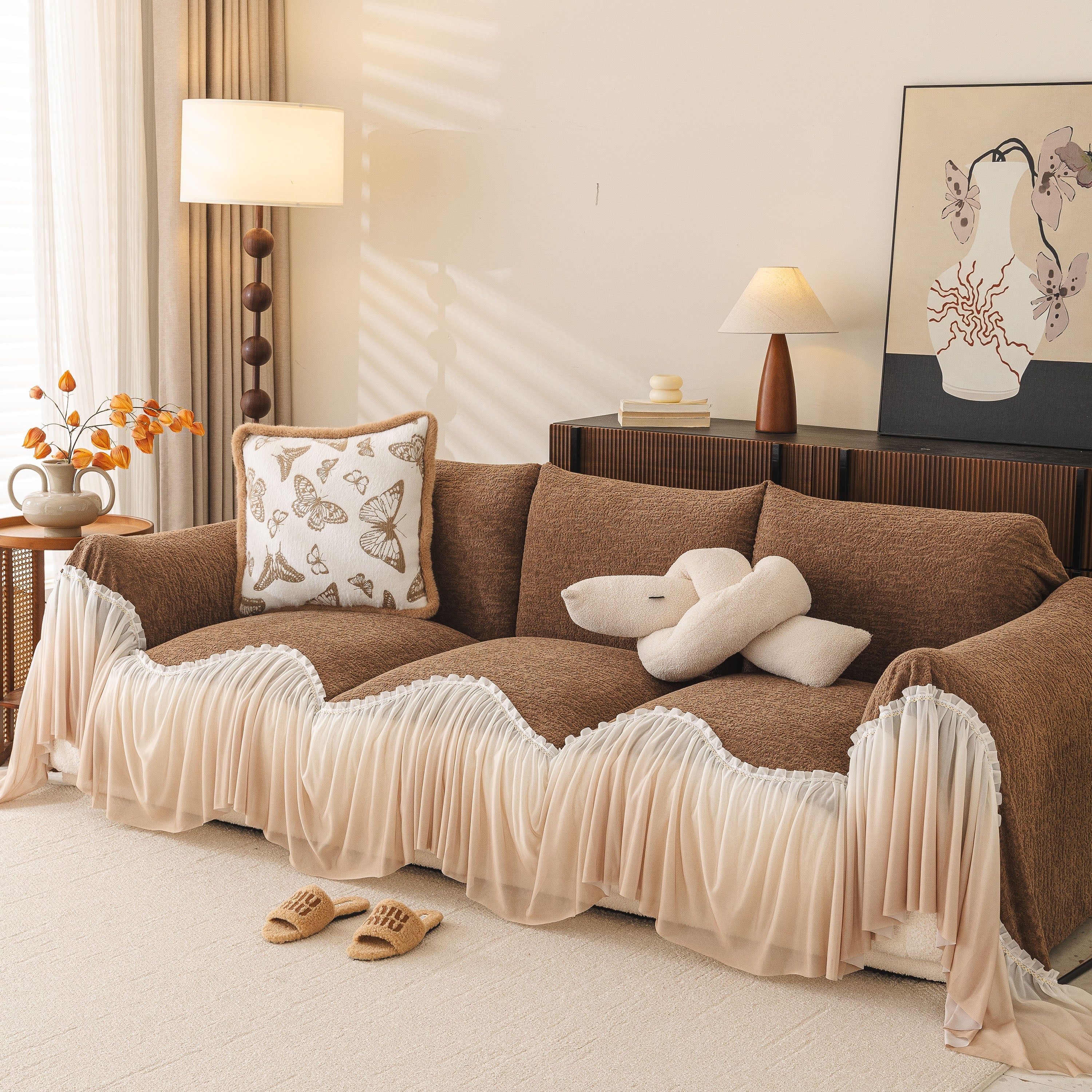 Luxury Sofa Throw Cover With Elegant Ruffled Skirt, Soft Decorative Couch Protector