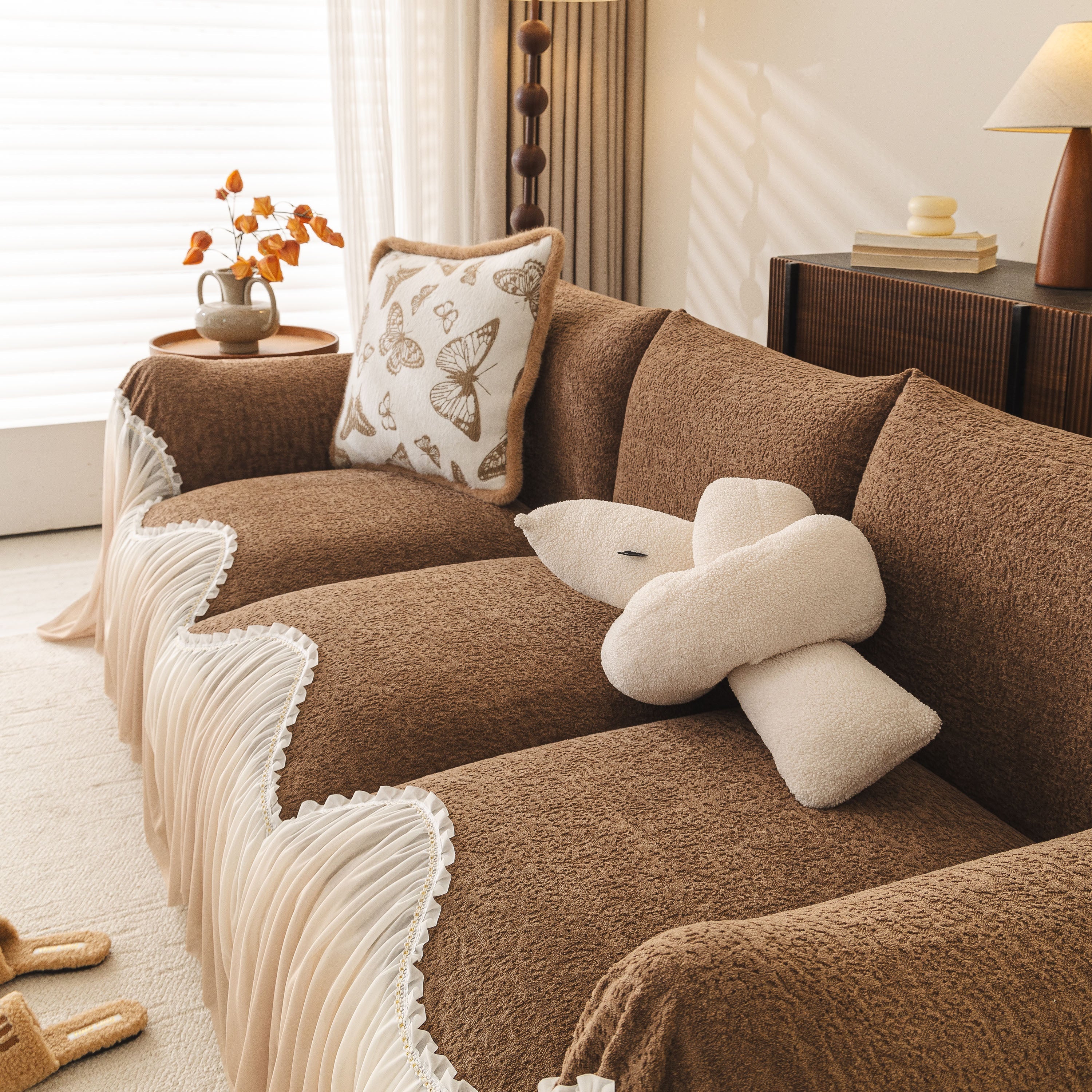Luxury Sofa Throw Cover With Elegant Ruffled Skirt, Soft Decorative Couch Protector